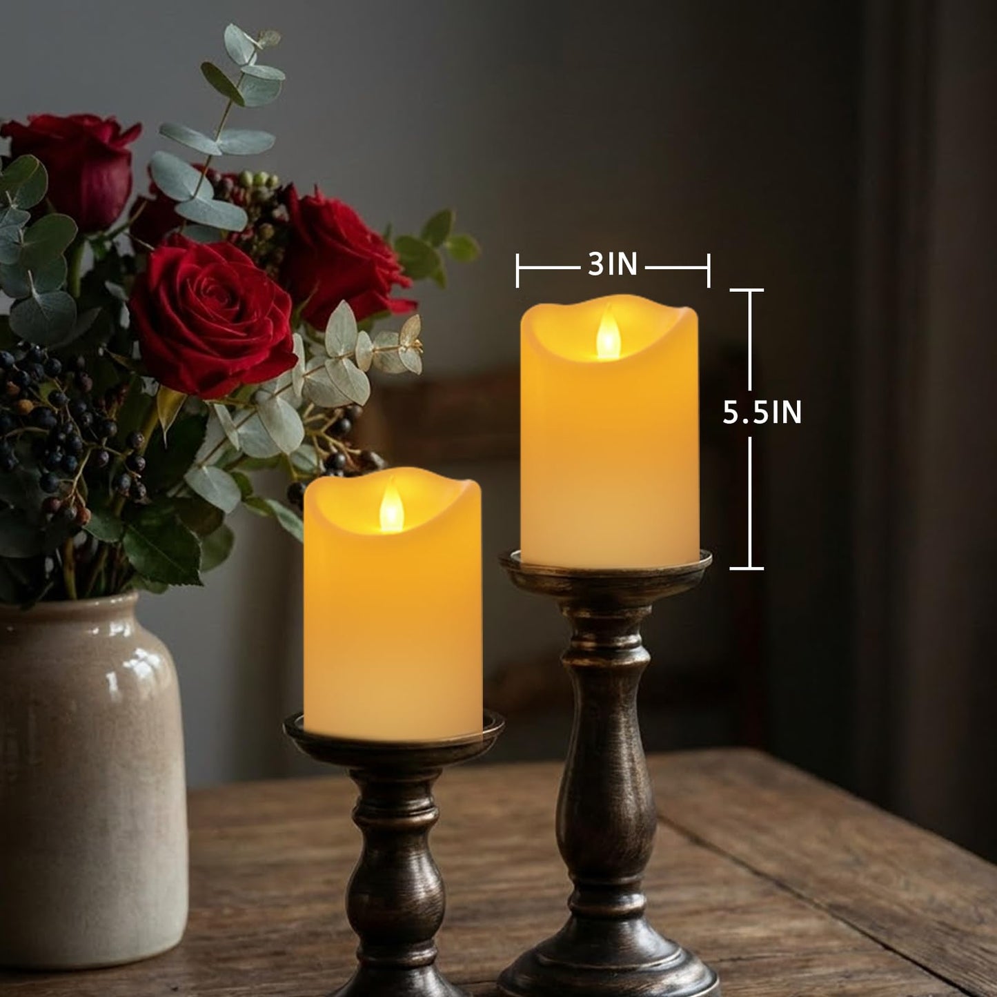 Haown Outdoor Flameless Candles, Patented 3D Dual-LED, Set of 2 Slanted Plastic Pillars with Remote, Waterproof Non-Melting Battery Operated Decor for Bathroom Bedroom Gift, Ivory (D3 x H6)