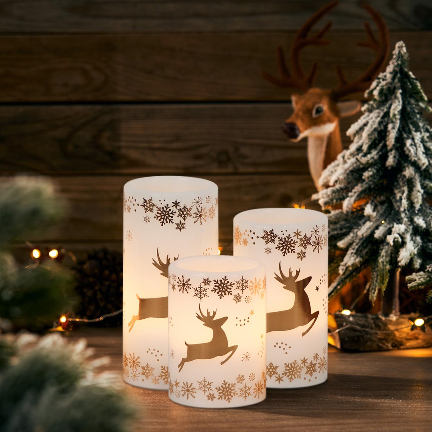 Lasumora Golden Reindeer Christmas Candles with 6H Timer, Real Wax LED Candles Flameless Flickering, Battery Operated Candle Pillar for Home Décor Christmas Decorations Gifts, 3x4/5/6 inches