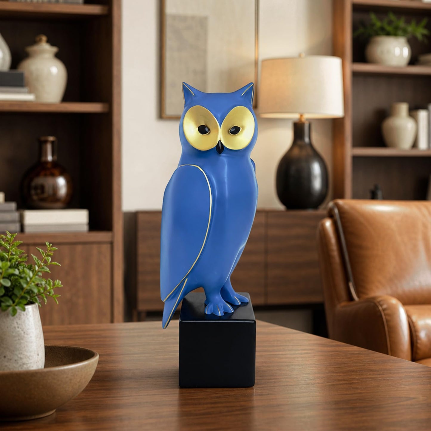 Royal Blue Resin Owl Statue – Mid-Century Modern Owl Sculpture – Retro-Style Abstract Art Home Decor – Freestanding Ornament for Living Room, Bookshelf, or Mantel – 15.7-Inch Resin Owl Sculpture