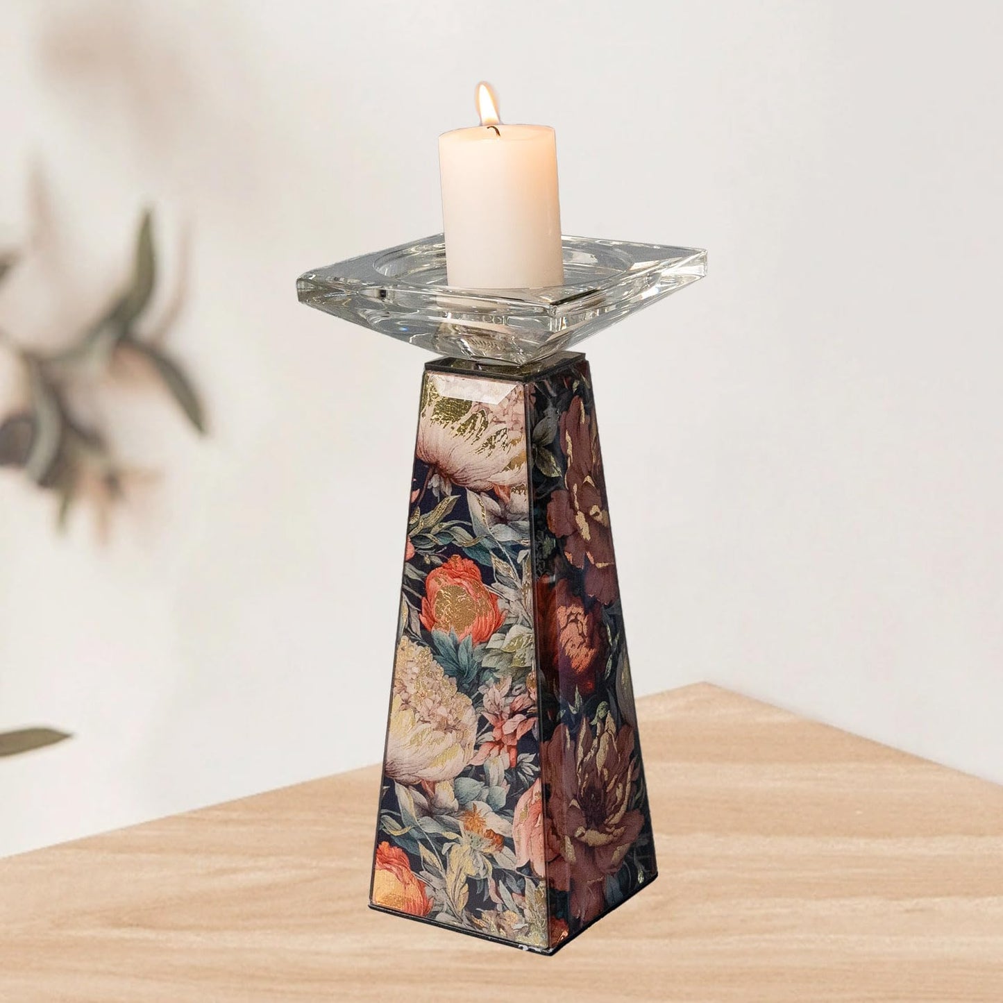 Timetrace Tall Glass Candlestick Holder with Floral Pattern,Candle Holder for Pillar, Single Piece Decorative Centerpiece for Living Room, Patio, Weddings - Decor for Dining Room