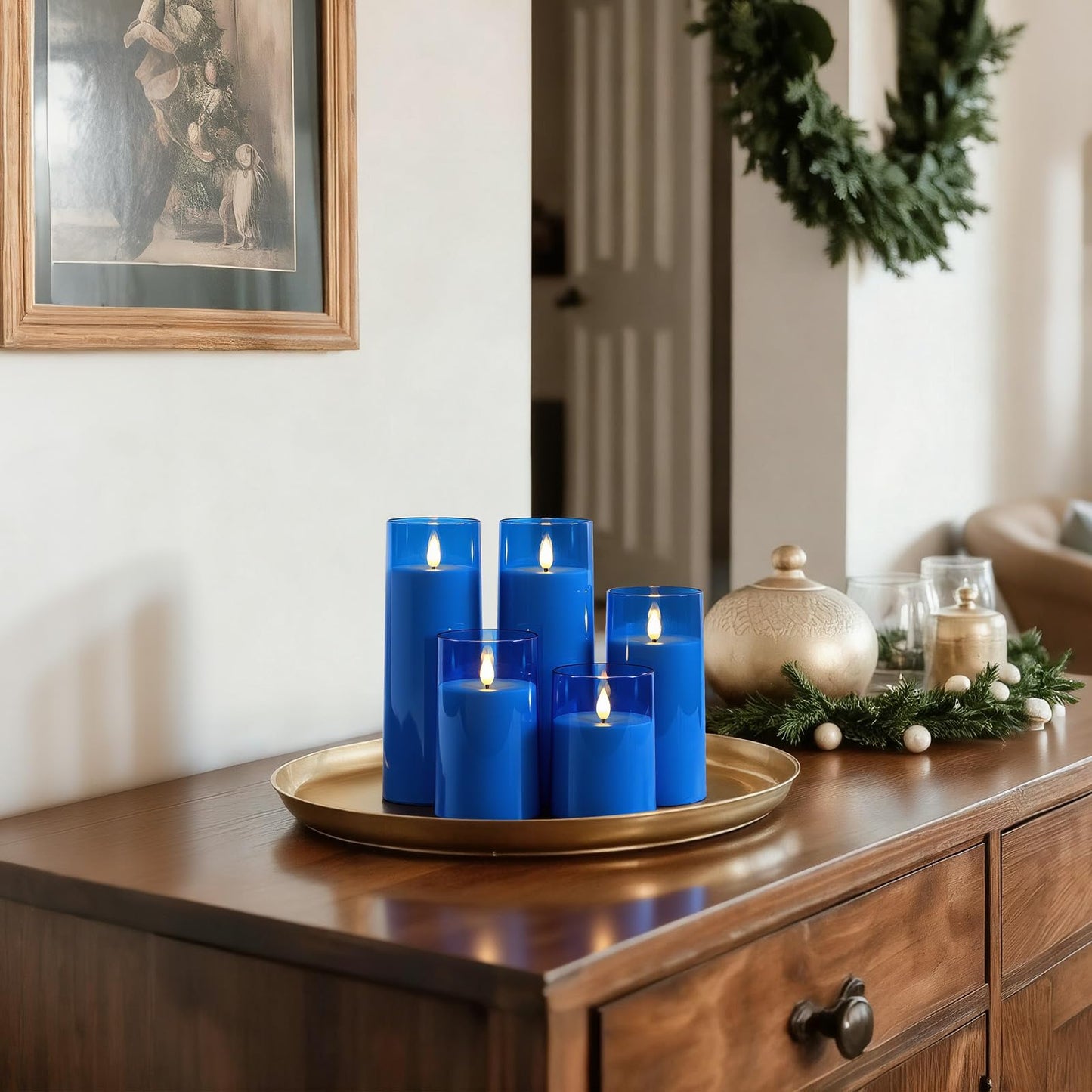 Raycare Independence Day Flameless Candles Battery Operated with Remote Timer, Acrylic Flickering LED Pillar Candle for 4th of July Home Patriotic Decor, Gift for Family and Friend, Blue, Set of 5