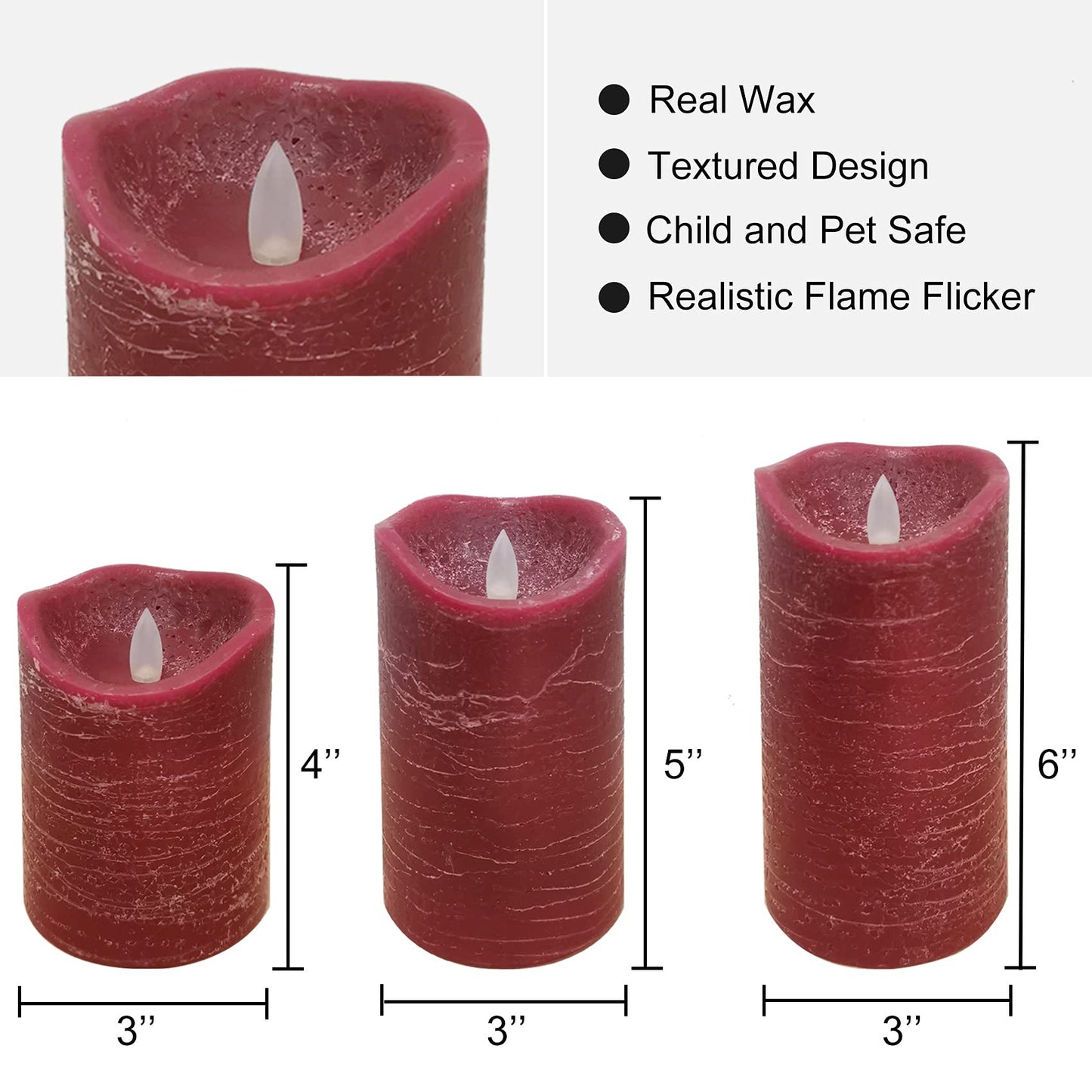 EZiKitchen Flameless LED Candles Set of 3 (D 3’’ x H 4’’ 5’’ 6’’) Real Wax Battery Operated Candle with Timer Home Decorative Pillar Flickering Lights,Wedding Party Events Decor,Burgundy