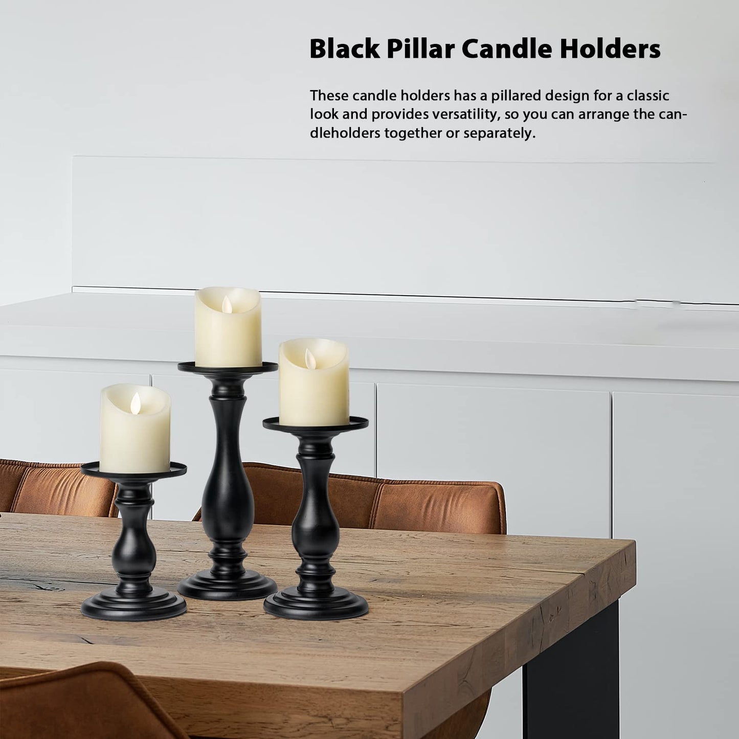 Matte Black Pillar Candle Holders Set of 3-10", 8", 6”H Candlestick Candle Holder Stand, Mother's Day Home Decor Gift for Fireplace/Table Centerpiece/Rustic/Farmhouse