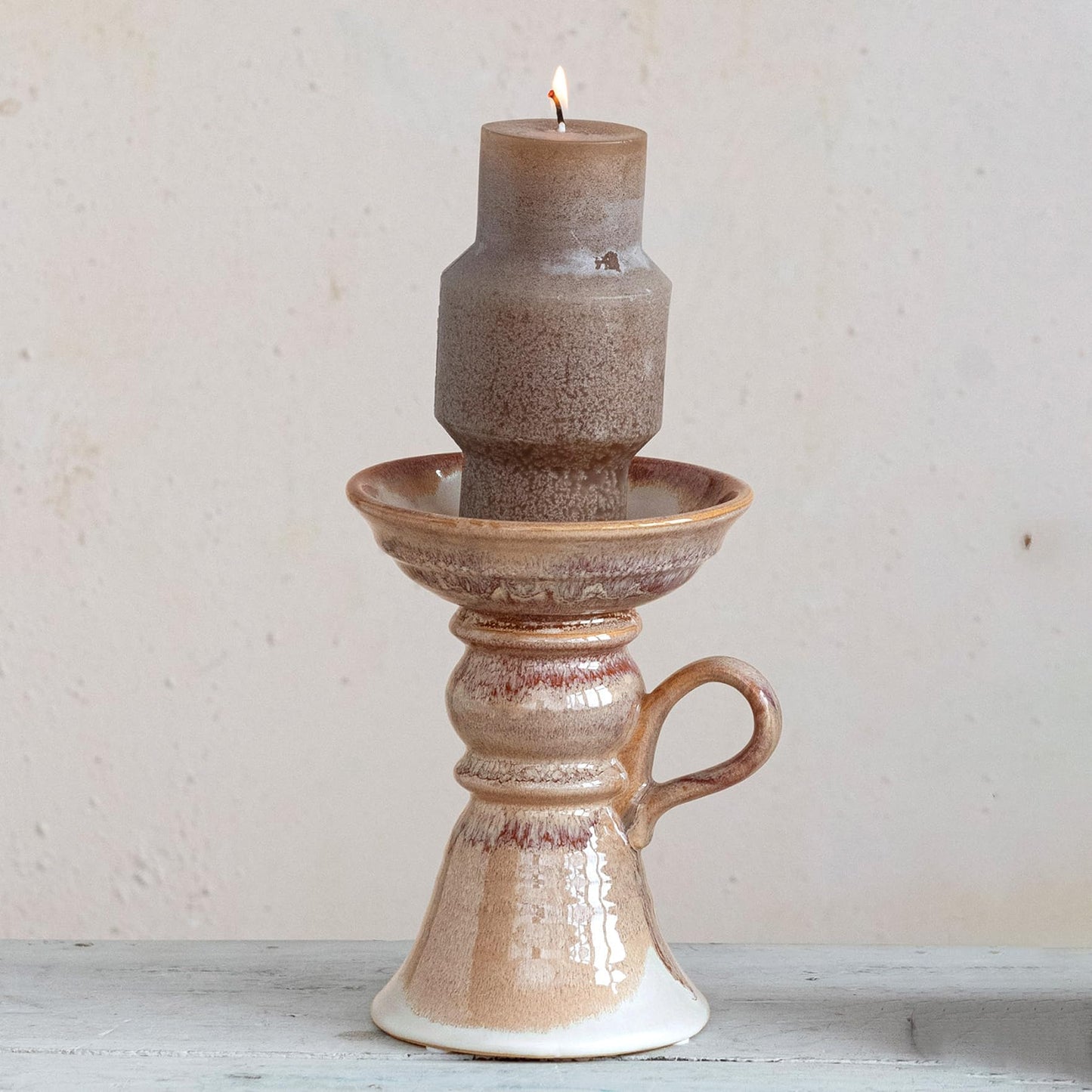 7.5 Inches Stoneware Pillar Holder with Handle and Reactive Glaze for 5 Inches Pillar, Brown