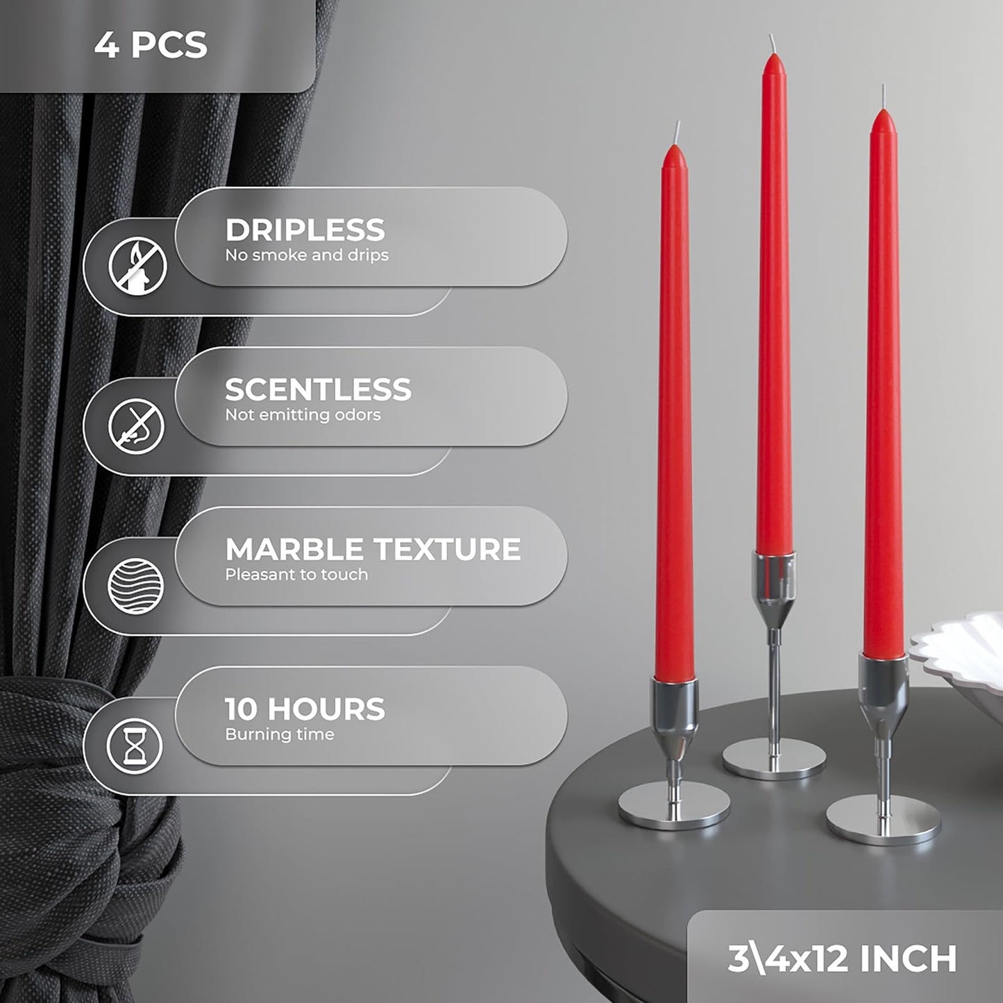 CANDWAX 12 inch Red Taper Candles Set of 4 - Dripless and Long Burning Candlesticks - Perfect as Red Long Candlesticks for Dinner or Holiday Home Decor - Taper Candle Sticks