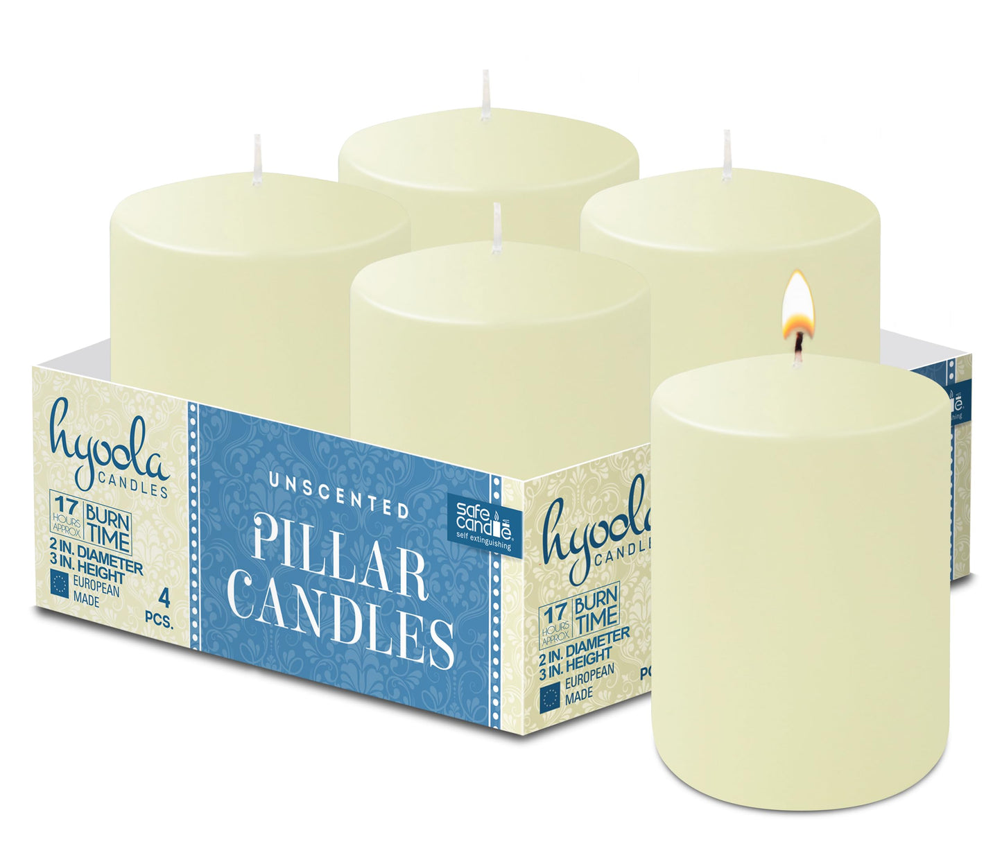 HYOOLA Ivory Pillar Candles 2x3 Inch - Unscented Pillar Candles - Set of 4 - European Made