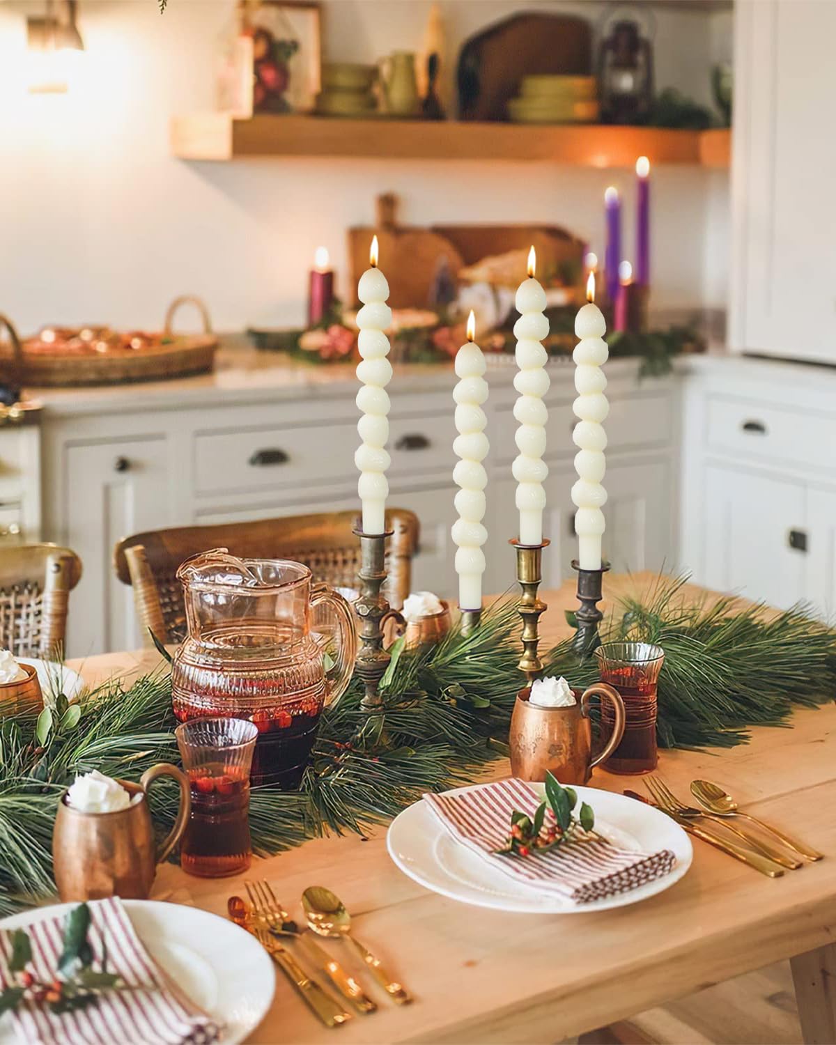 Ivory Taper Candle 10 Inch Pinecone Candlesticks Rustic Decor Unscented Dripless Tapered Candle Set for Christmas Decor Party,4 Pack