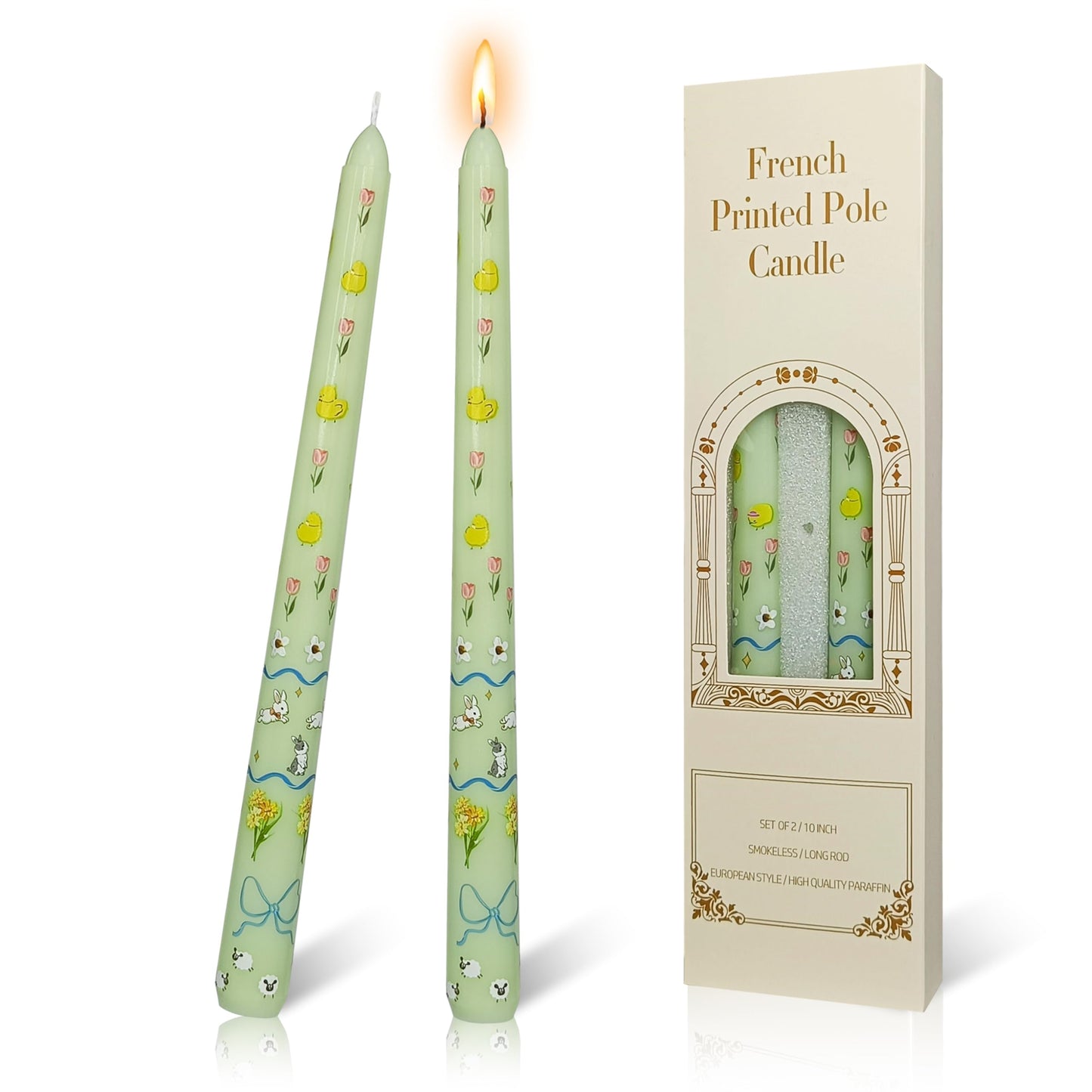 FLAMMUL Print Taper Candles Set of 2, Light Green with Pastoral Animal Floral Candle Sticks 10 Inch Long Tapered Candle Handmade Drip Candlesticks for Holiday Gifts & Home Decor
