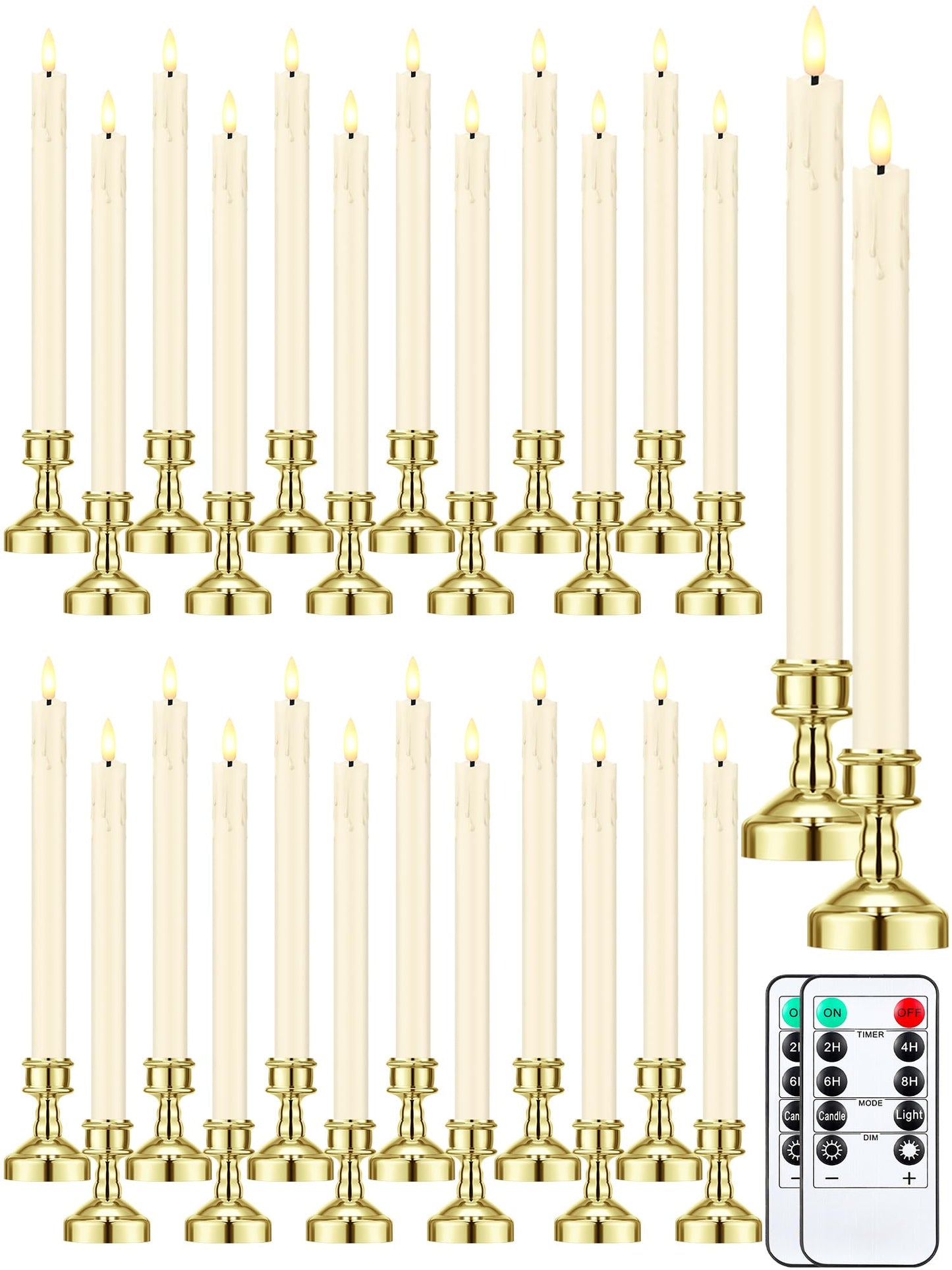 VIHOSE 24 Pcs Flameless Taper Candles with Holders Remote Timer Battery Operated Candles Bulk LED Candlesticks Flickering for Valentines Wedding Home Window Carnival Party Decor(Gold,Dripping Style)