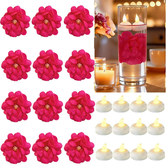 Qazcnd 24 Pack Flameless Led Floating Candles and Floating Artificial Flower Battery Operated Waterproof Tea Lights for Cylinder Vases Centerpieces at Wedding, Party, Pool Decor Rosered
