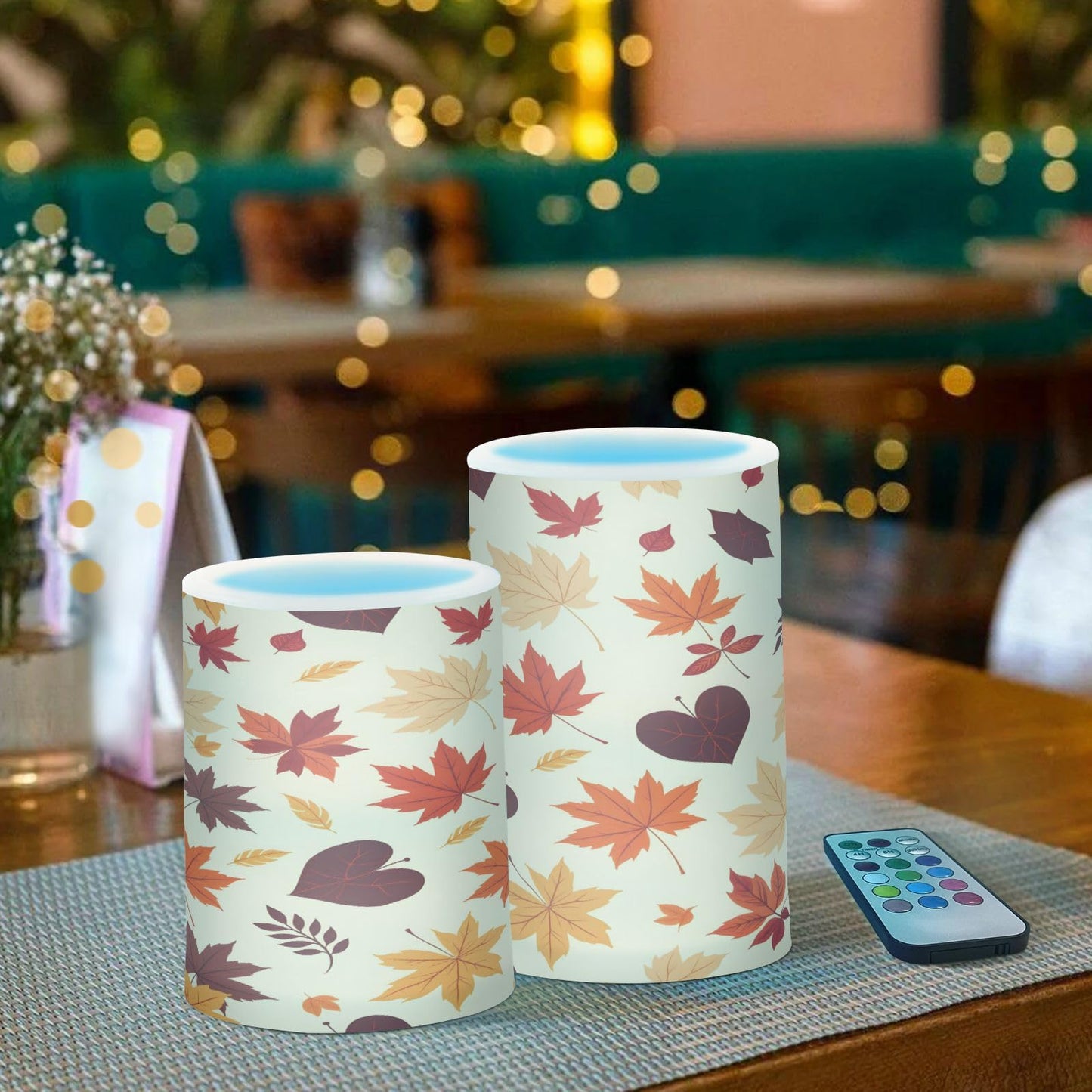 ALAZA Autumn Fall Maple Leaves Flickering Flameless Candles Battery Operated with Remote Timer,Tea Light Candles LED Pillar Votive Candles Set of 2 for Outdoor Indoor Decorations