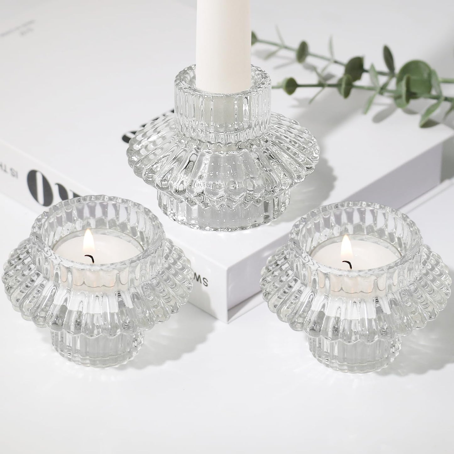 CHOCSTAY Reversible Candlestick Holders Set of 3, Clear Glass Taper and Tealight Candle Holders for Table Centerpiece, Wedding, Party, Home Decor