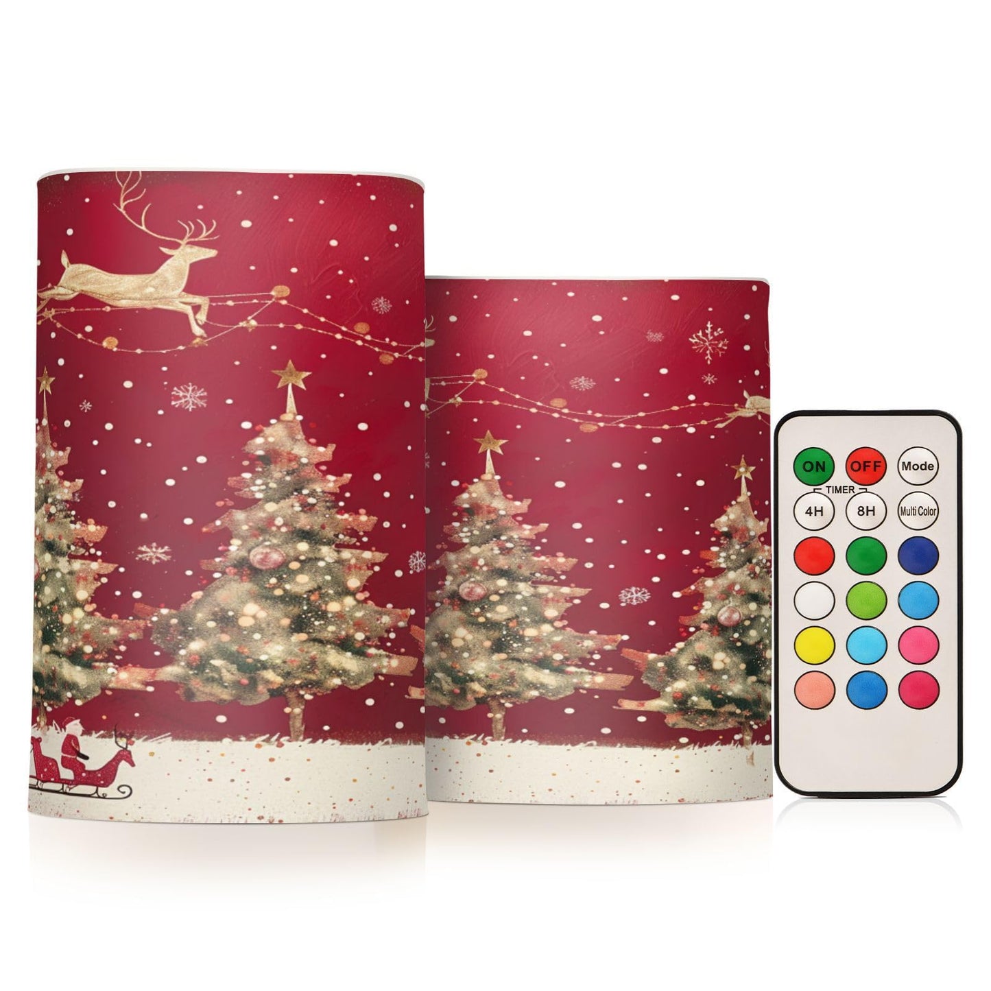 Christmas Lights Flameless Candles Christmas Trees Reindeer Pillar Candles Set of 2 Battery Operated Remote Control Warm Lights Home Decor