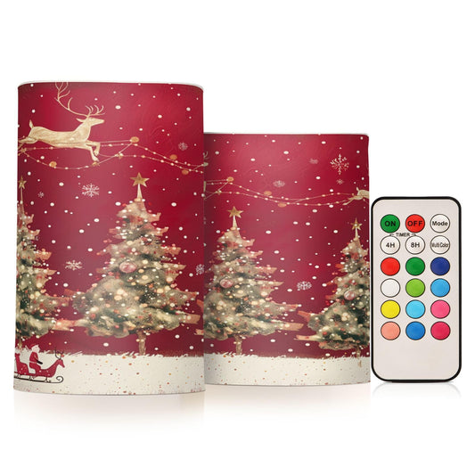 Christmas Lights Flameless Candles Christmas Trees Reindeer Pillar Candles Set of 2 Battery Operated Remote Control Warm Lights Home Decor
