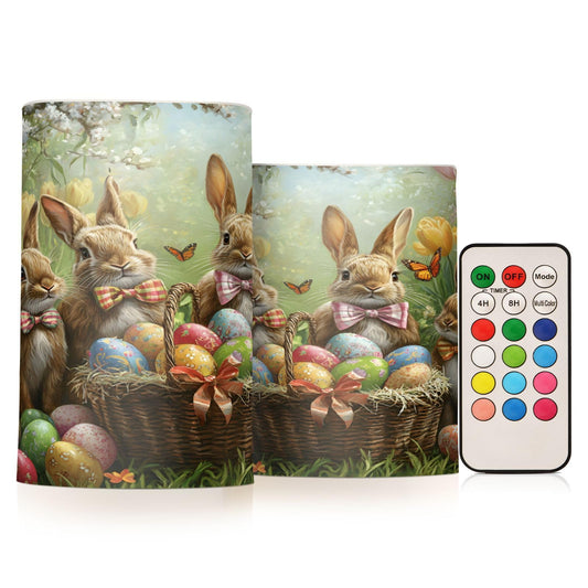 ALAZA Happy Easter Rabbit Egg Tulip Flowers Flickering Flameless Candles Battery Operated with Remote Timer,Tea Light Candles LED Pillar Votive Candles Set of 2 for Outdoor Indoor Decorations16