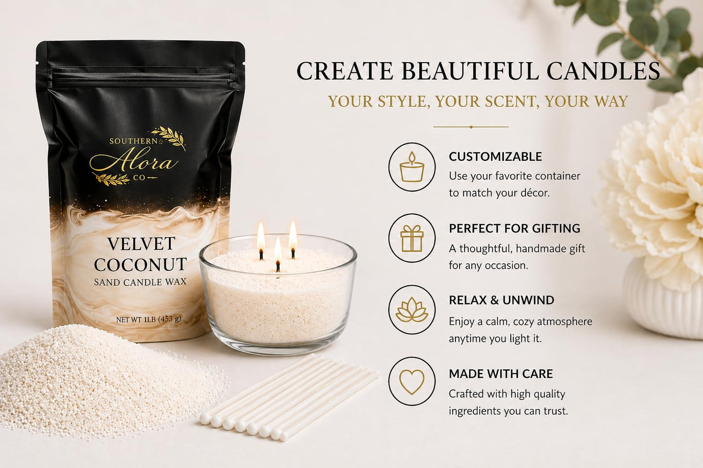 Candle Sand Wax 1 LB – Southern Alora Refillable Sand Candles with 10 Cotton Wicks – DIY Candle Kit for Wedding Centerpieces, Table Decor & Modern Home Decor (Velvet Coconut)