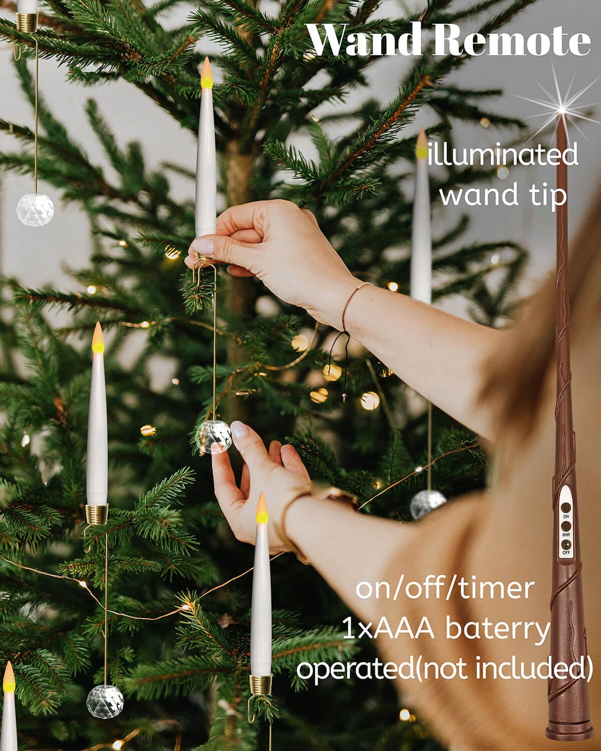 Knoste Christmas Tree Candles-Wand Remote-Crystal Ball Hooks-Suction Cups, 10 Pcs Battery Operated Window Candles, Flickering Warm Light, Xmas Home Ornaments, Wedding Party Decorations