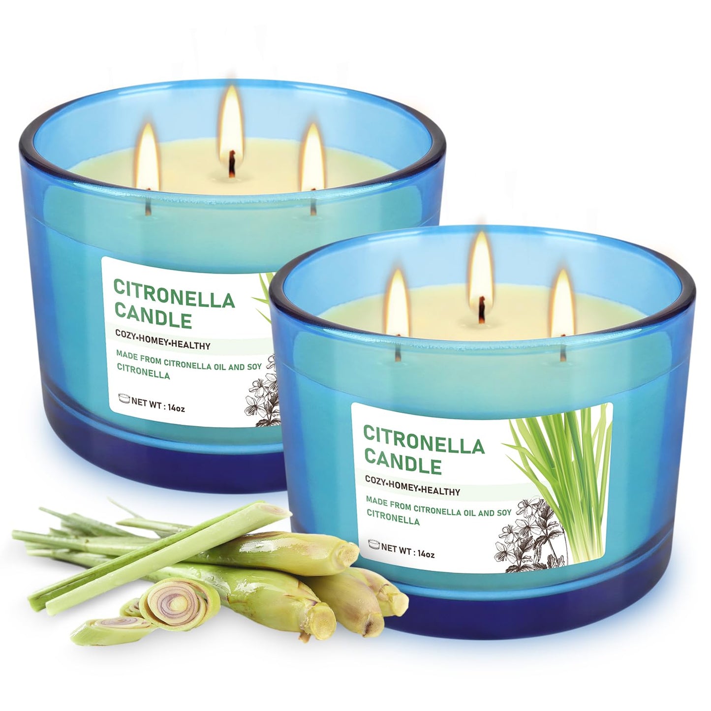 2x14oz Large 3-Wick Outdoor Indoor Citronella Candles, Long Lasting to 30 Hours, Scented Natural Soy Candle for Garden Camping Party Yard Balcony
