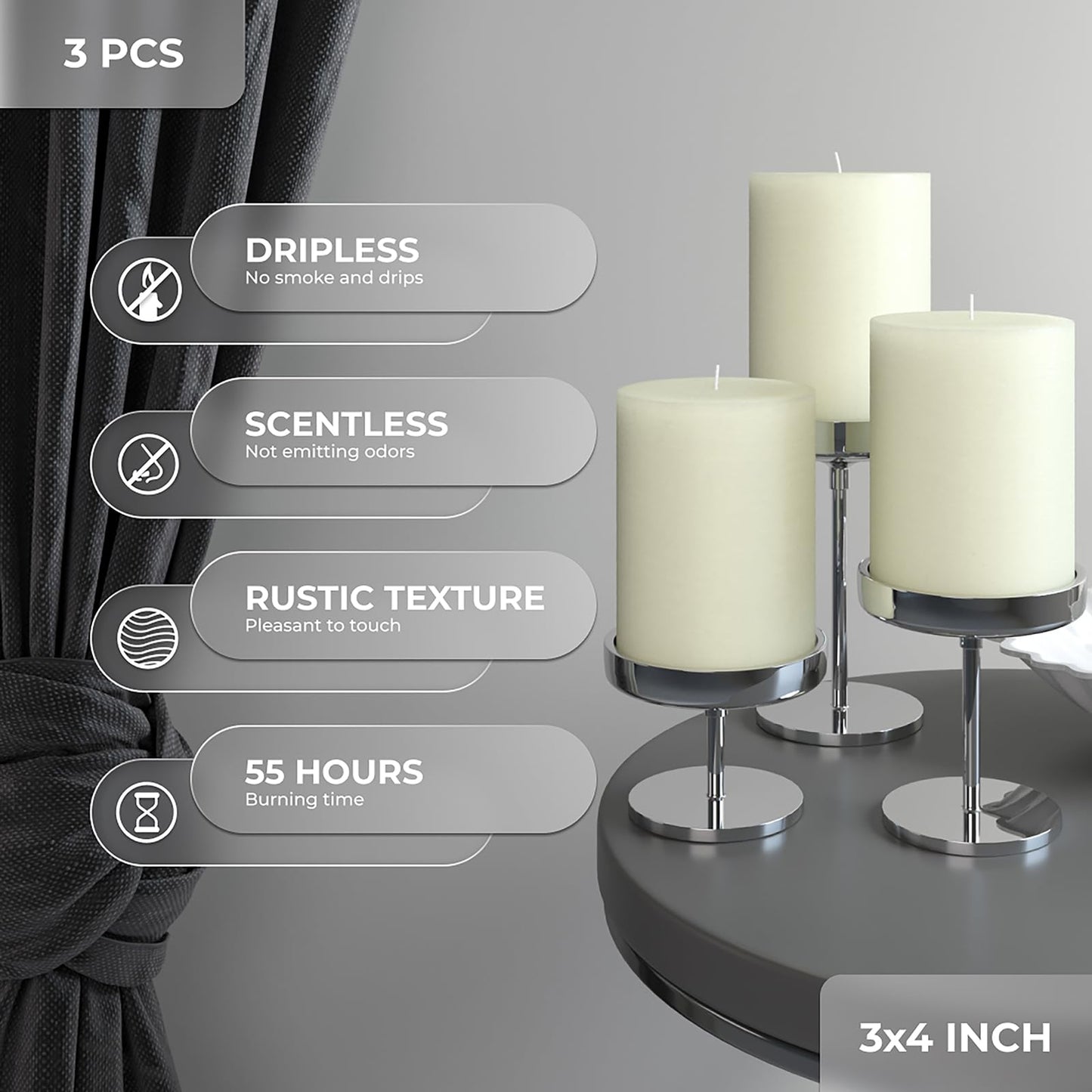 CANDWAX 3x4 inch Pillar Candles Set of 3 – Unscented Dripless Rustic Ivory Candles for Home Decor, Weddings, Table Settings