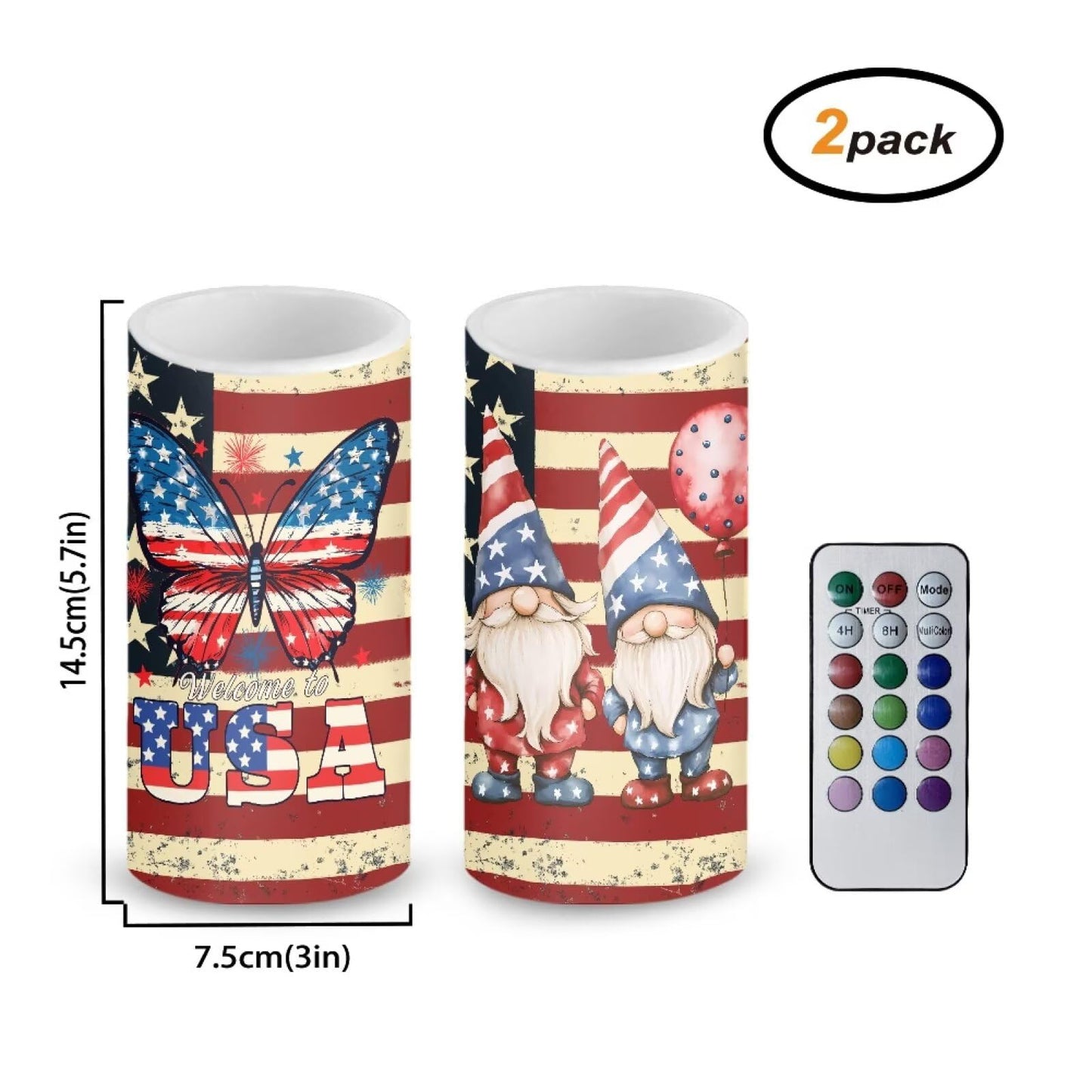 NETILGEN 2 Pcs Flameless Candles with Battery Powered Pillar Candles with Timer Remote American Flag Butterfly Gnome Print July 4th Patriotis USA Flag Memorial Day Decor