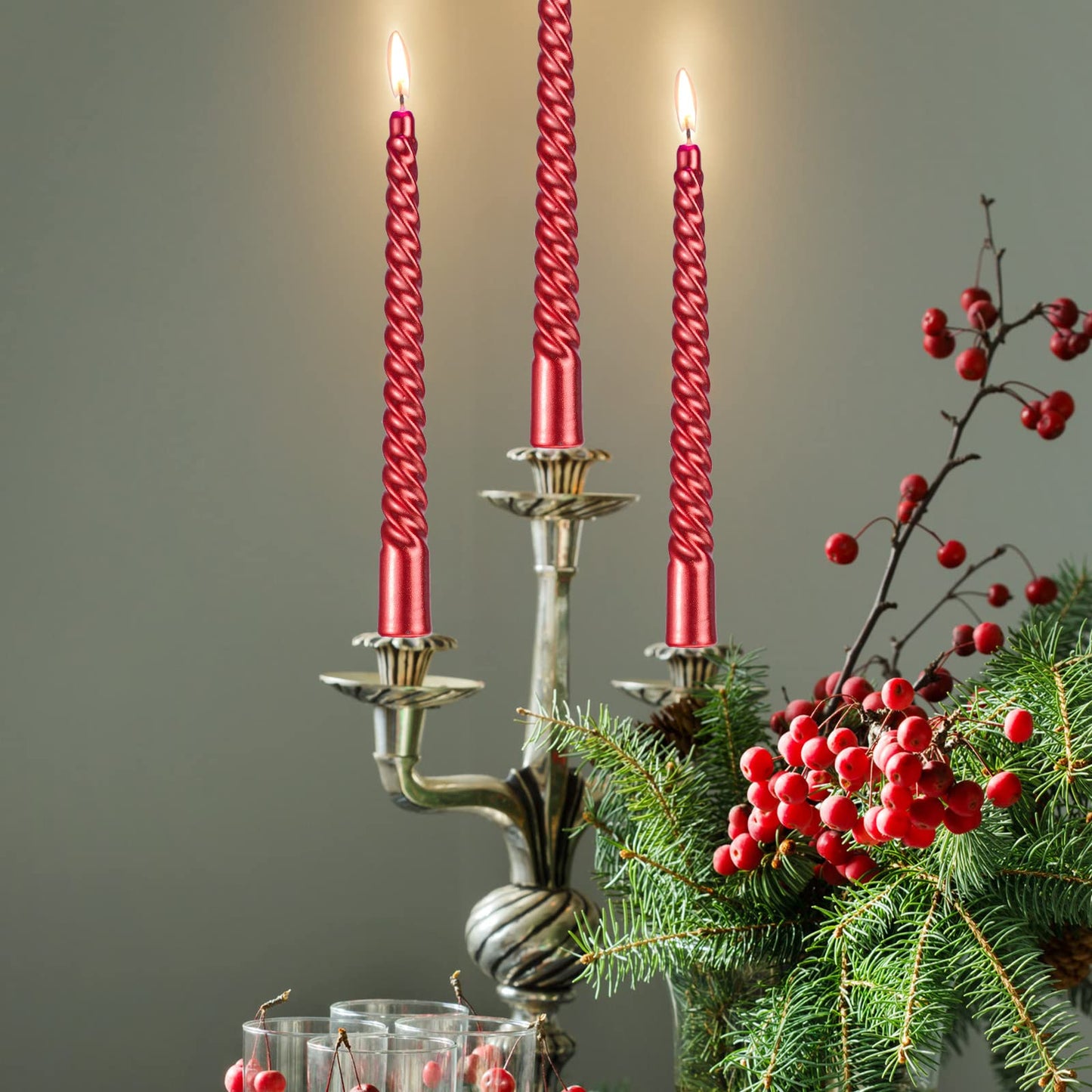 BBTO 12 Pcs Christmas Advent Spiral Candle Unscented Metallic Taper Candles Dripless Twist Candles Metallic Dinner Birthday Candle for Home Birthday Wedding Party Holiday Decor(8 Inch,Red)