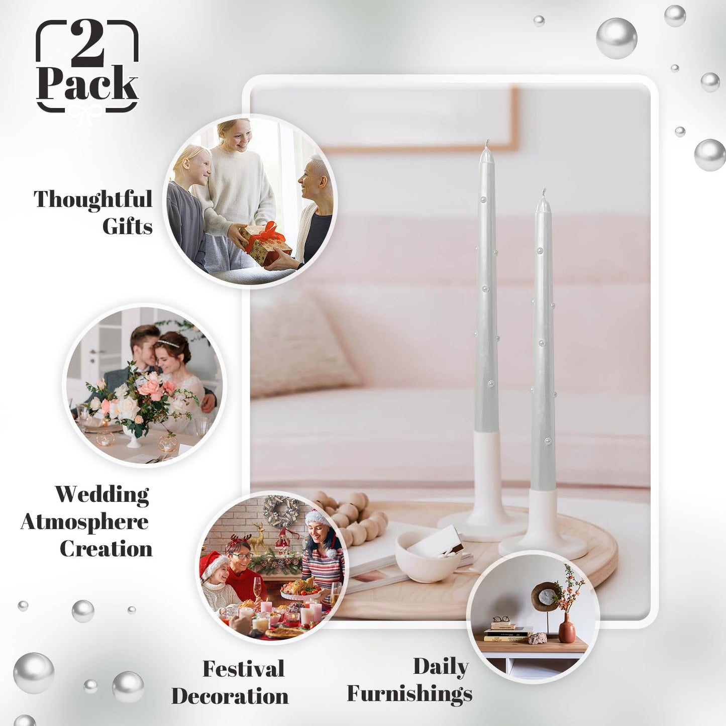 Taper Candles 10 Inch Print Candle Handmade Unscented Pearl Candle Long Candles 2 Pack Twisted Candlesticks for Wedding Home Decoration Gifts