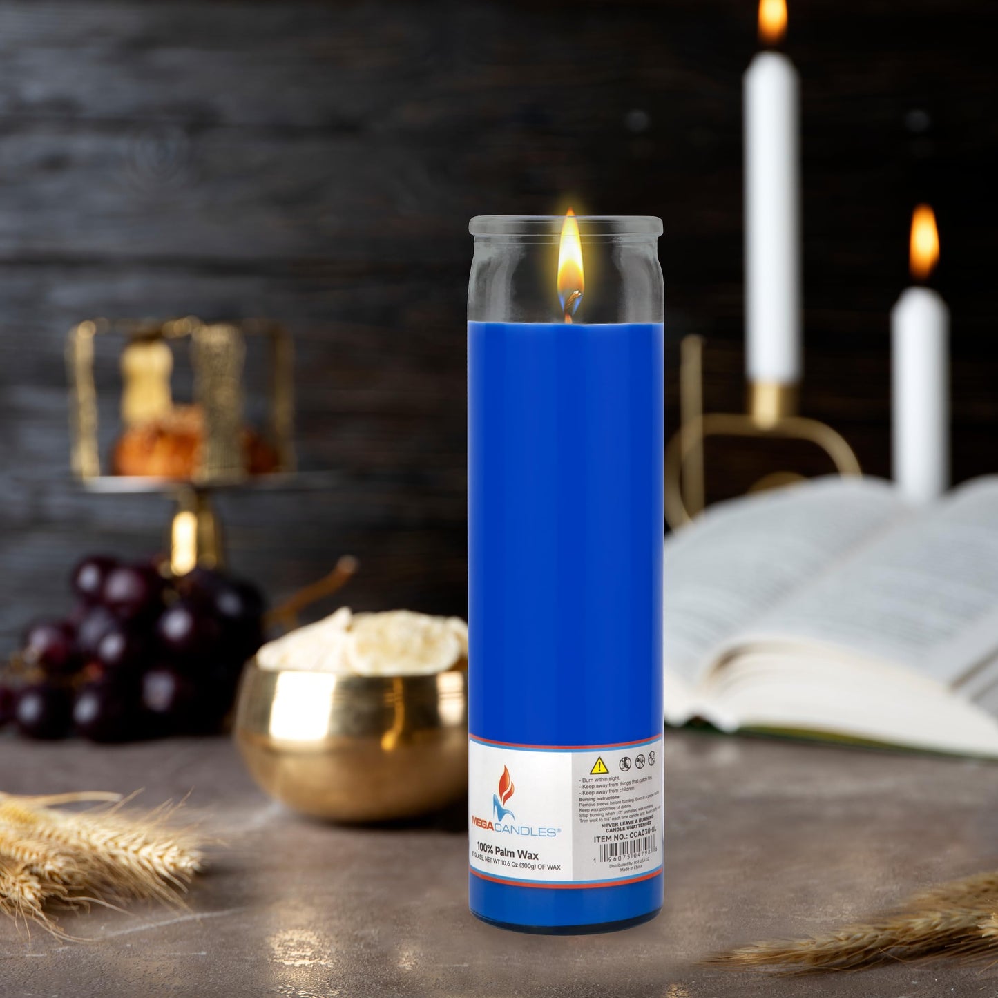 Mega Candles 1 pc Unscented Blue Glass Container Devotional Prayer Candles, Shortening Wax Candle 2 Inch x 8 Inch, Sanctuary, Vigils, Prayers, Spiritual, Blessings, Religious, Altar, Remembrance