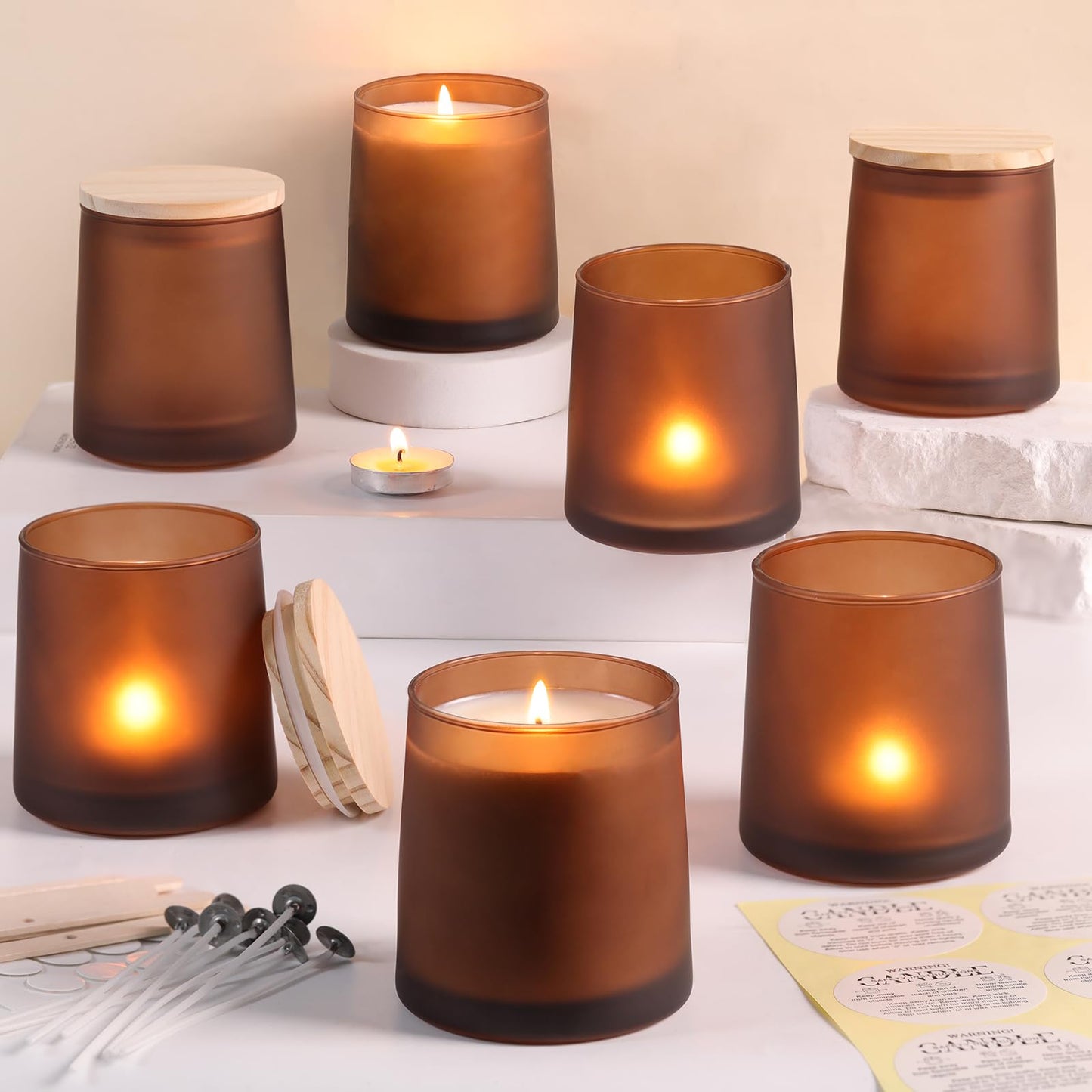 DARJEN 12 Pack Frosted Amber Candle Jars for Making Candles- 9 OZ Empty Glass Candle Making Jars with Making Kits, Candle Making Supplies Candle Containers for Home DIY & GIFS