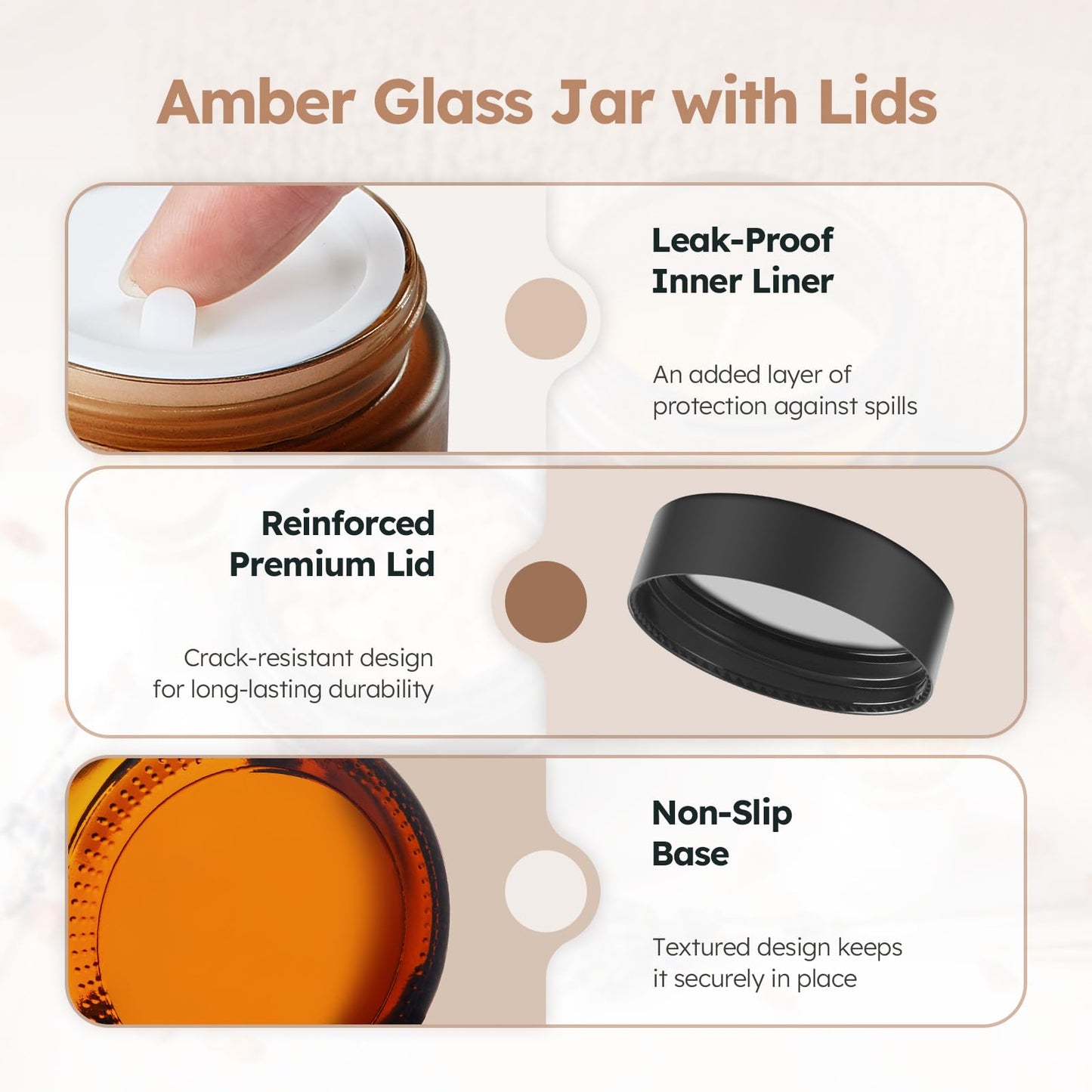2 oz Glass Jars with Lids, 36 Pack Amber Small Glass Jars with Black Lids Leakproof Round Airtight Empty Cosmetic Travel Containers with Inner Liners For Lotions Powders and Candle Making