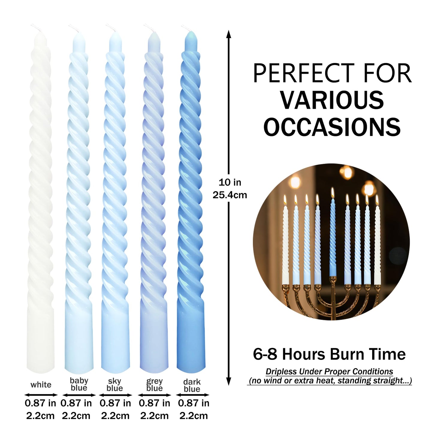 10 Inch Gradient Blue Spiral Taper Candle Set, 10 Pack Unscented Dripless Candlesticks for Dinner Party Brithday Wedding and Home Decoration