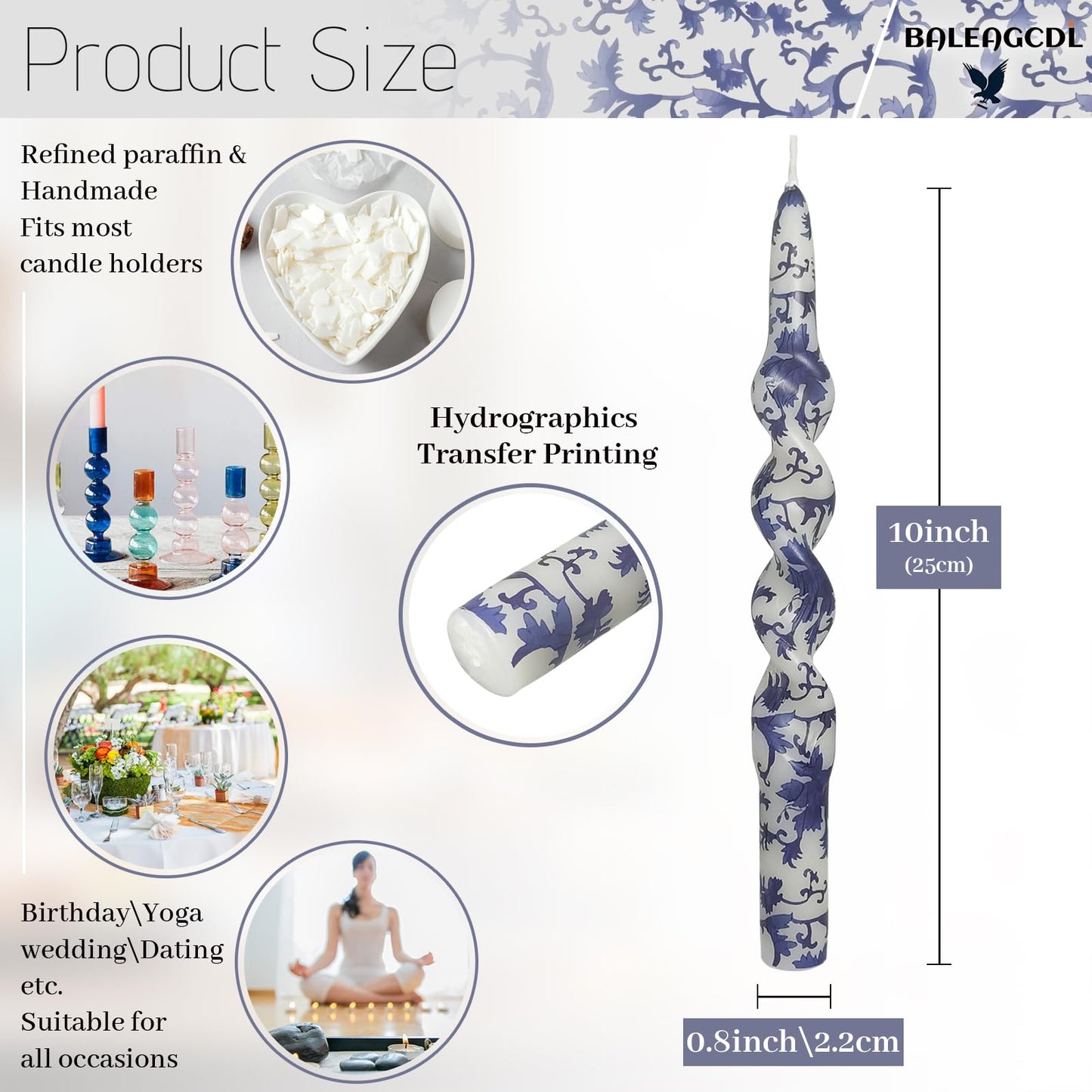 10 Inch Floral Print Taper Candle Blue and White Porcelain Spiral Candlesticks Handmade Twisted Tapered Candles for Holiday Wedding Holiday Party Decor- Set of 4