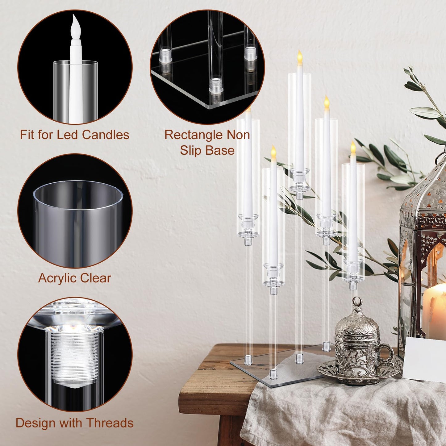 Hushee 4 Set 5 Arms Acrylic Candelabras Centerpieces with 20 Pcs LED Candles Clear Candle Holder Crystal Taper Candlestick with Rectangular Base for Dinner Party Table Fireplace Wedding Decoration