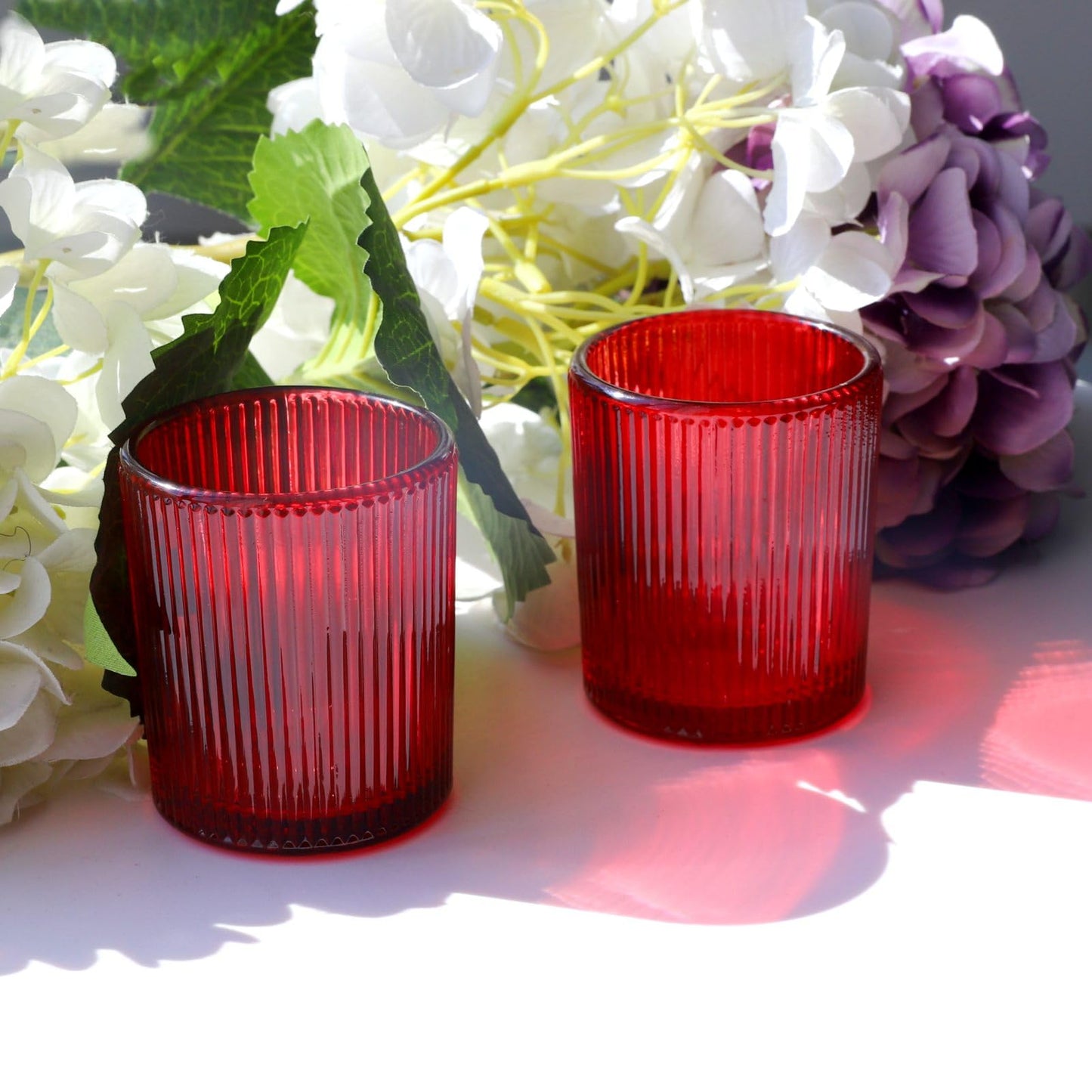 VOHO Red Candle Holders Set of 12, Ribbed Glass Votive Candle Holders Bulk for Holiday/Party Decorations, Tea Lights Candle Holder Wedding Centerpieces for Tables