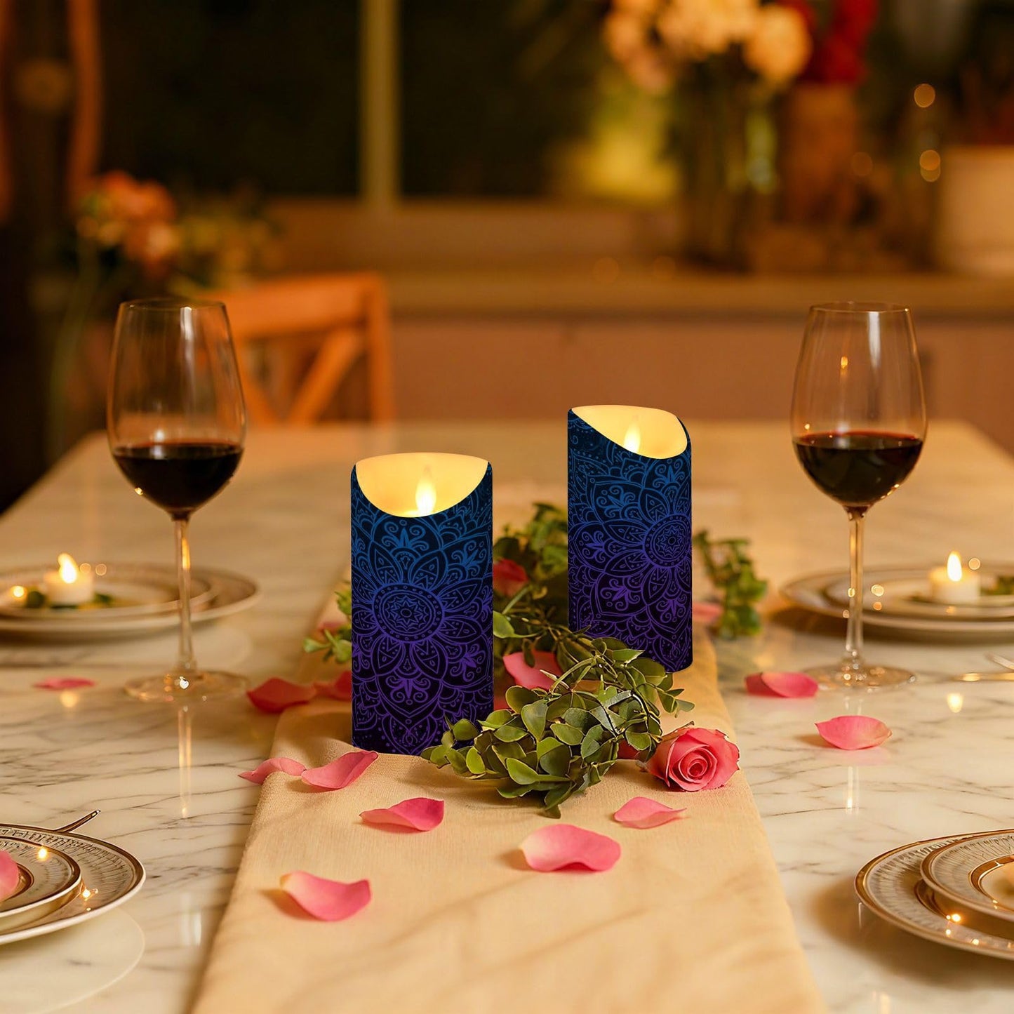 Flameless Candles Set of 2 Boho Ethnic Mandala A Realistic LED Candles with Remote Battery Operated Holiday Decorations