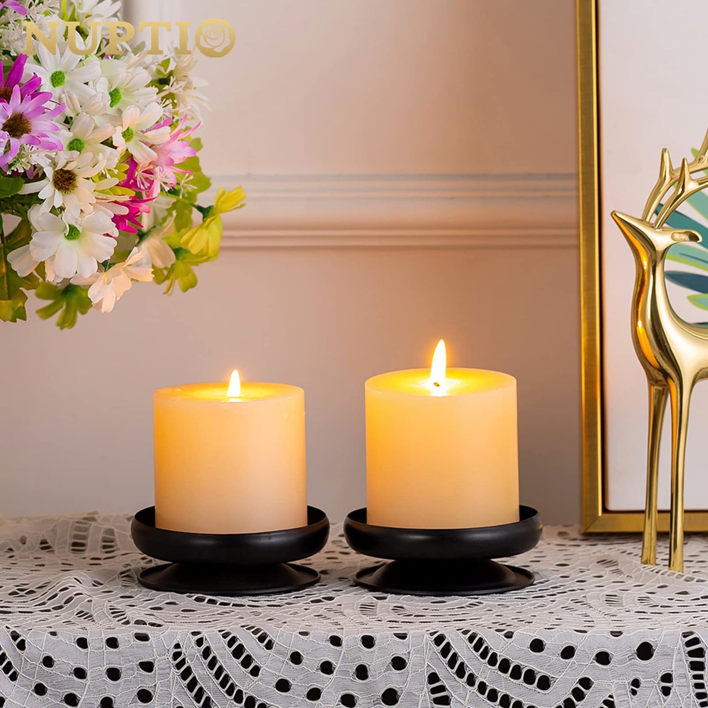 Set of 2 Black Iron Pillar Candle Holders Spike Candle Holder 3.6"/ 9cm Diameter. Ideal for Wax or LED Candle Gardens, Spa, and Aromatherapy, Incense Cones, Wedding, Party, Spa, as Pedestal