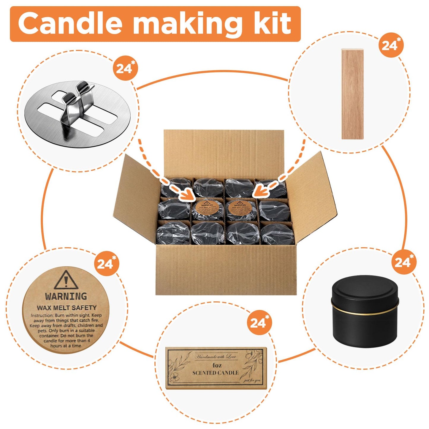 CollectHall 4oz Candle Tins with Lids, 24 Set DIY Candle Making Kit Includes Bulk Tins, Wood Wicks, Stickers, Wick Holders & Warning Labels for Small Business