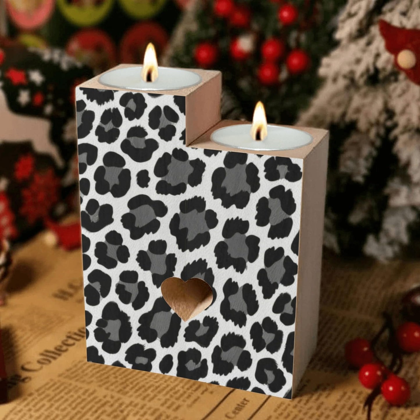 pnyoin Classical Black Animal Skin Candle Holders Gift for Women Wooden Heart Candlestick Personalized Christmas Birthday Graduation Friendship Gifts Home Wedding Dinning Party Decorative