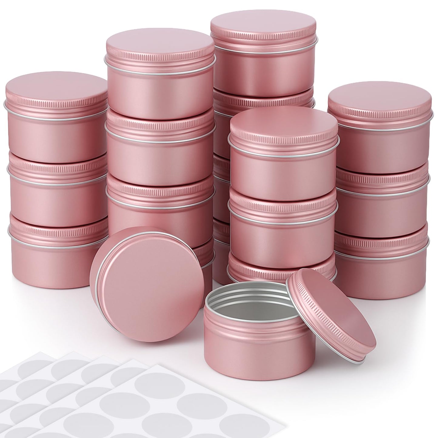 Patelai 36 Pcs 4 oz Metal Round Tins Aluminum Tin Cans Salve Tins Containers with Screw Lid 10 Sheets Stickers for Salve Spice Candies Balms Candles (Rose Gold)