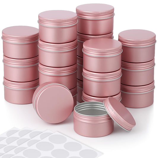 Patelai 36 Pcs 4 oz Metal Round Tins Aluminum Tin Cans Salve Tins Containers with Screw Lid 10 Sheets Stickers for Salve Spice Candies Balms Candles (Rose Gold)