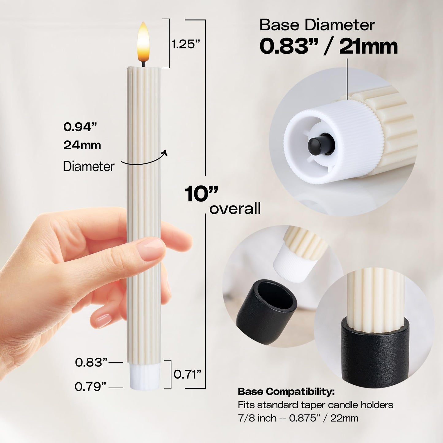 West Ivory 12 Pack, 10" LED Flameless Cream Beige Fluted Ribbed Grooved Taper Candles, Remote & 24h Timer Memory, On/Off Button, Dimmable, Flicker Mode, Battery Operated, Christmas Menorah Wedding
