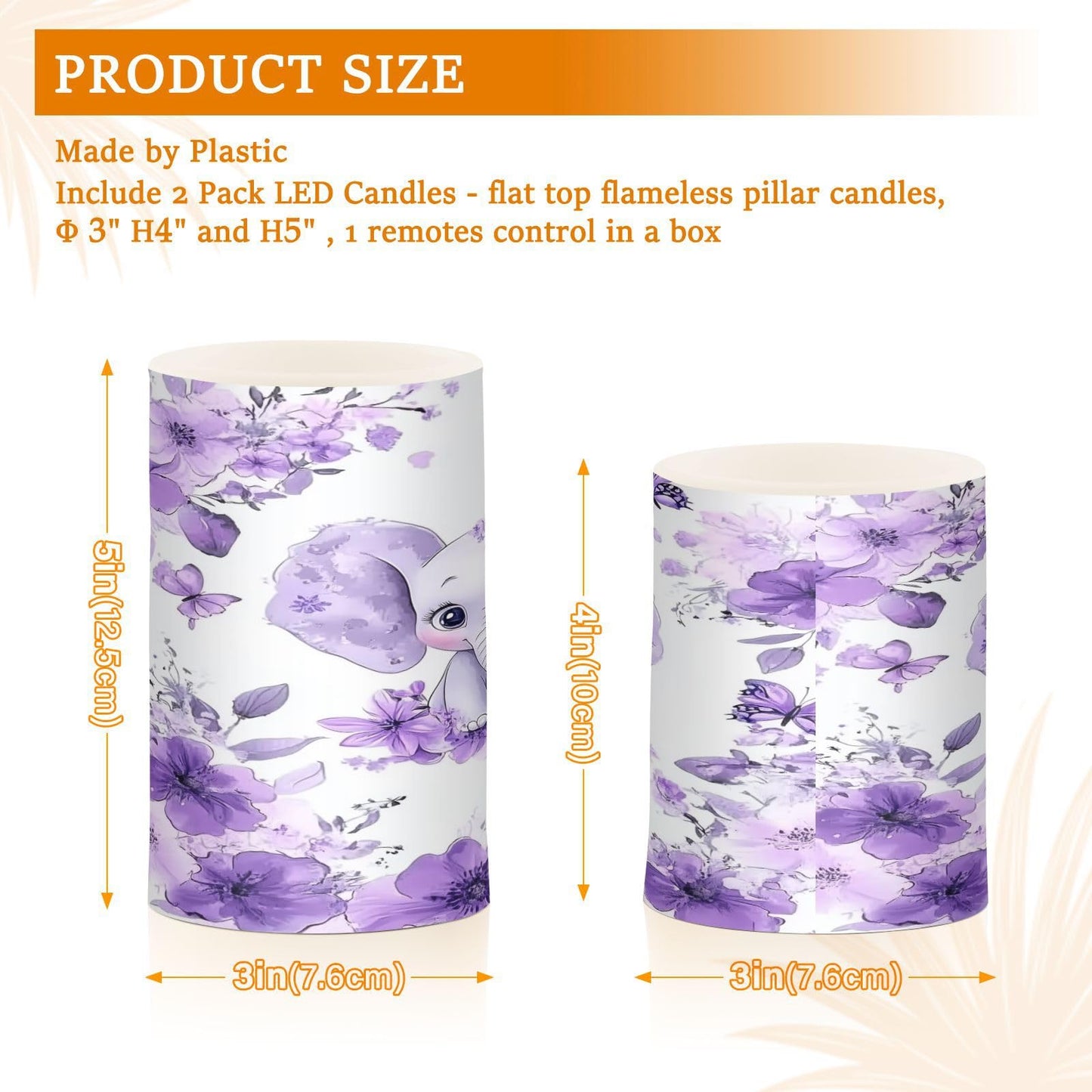 WEVIBOFU Purple Elephant Butterfly Flower Flickering Flameless Candles LED Battery Operated with Remote Timer Pillar Candles for Home Birthday Wedding Christmas Decor, Set of 2