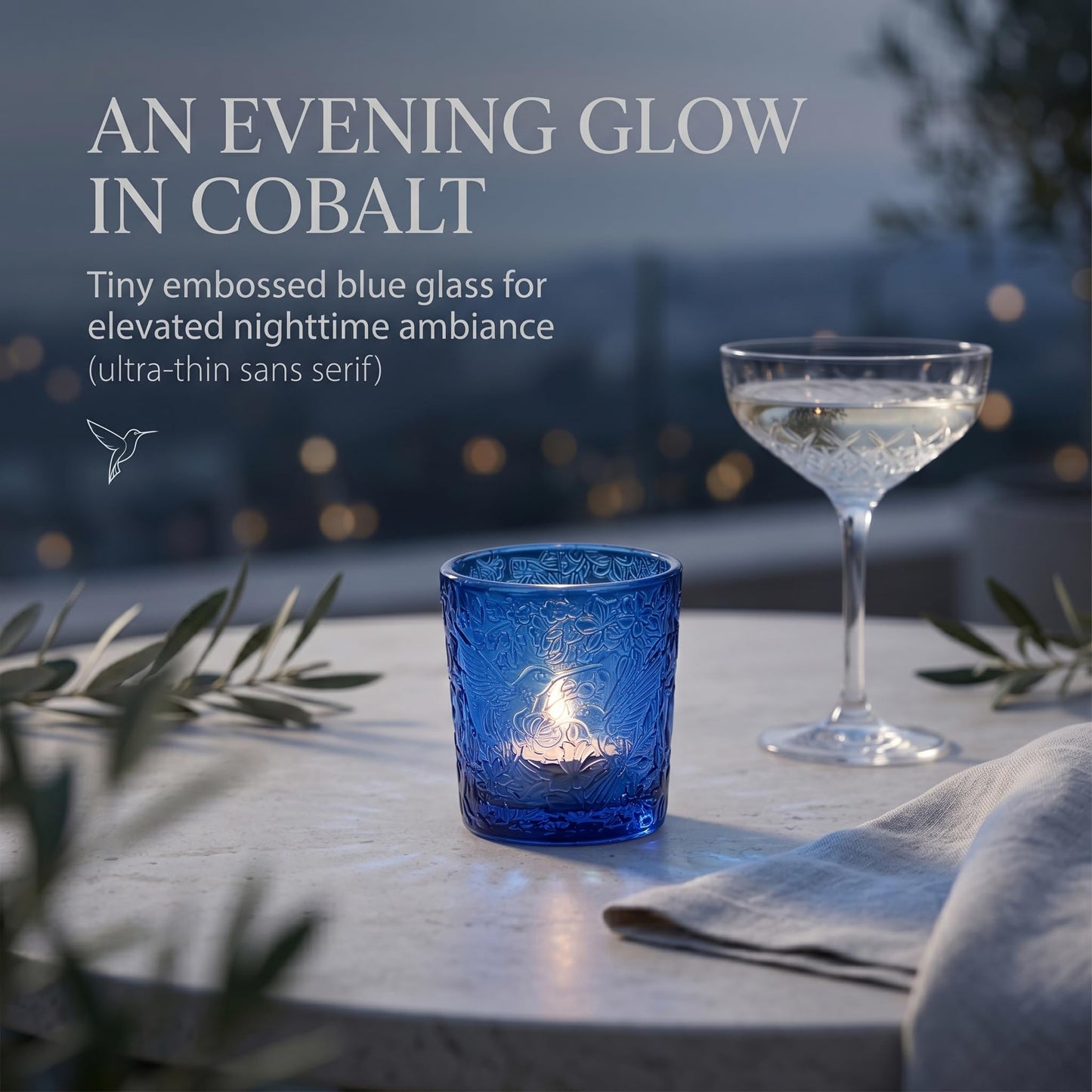 12 Pack Hummingbird Embossed Glass Candle Holders – Votive Tealight Holders with Patent Design, Decorative Embossed Glass Cups for Wedding Centerpieces, Parties, and Home Décor (Ocean Blue)
