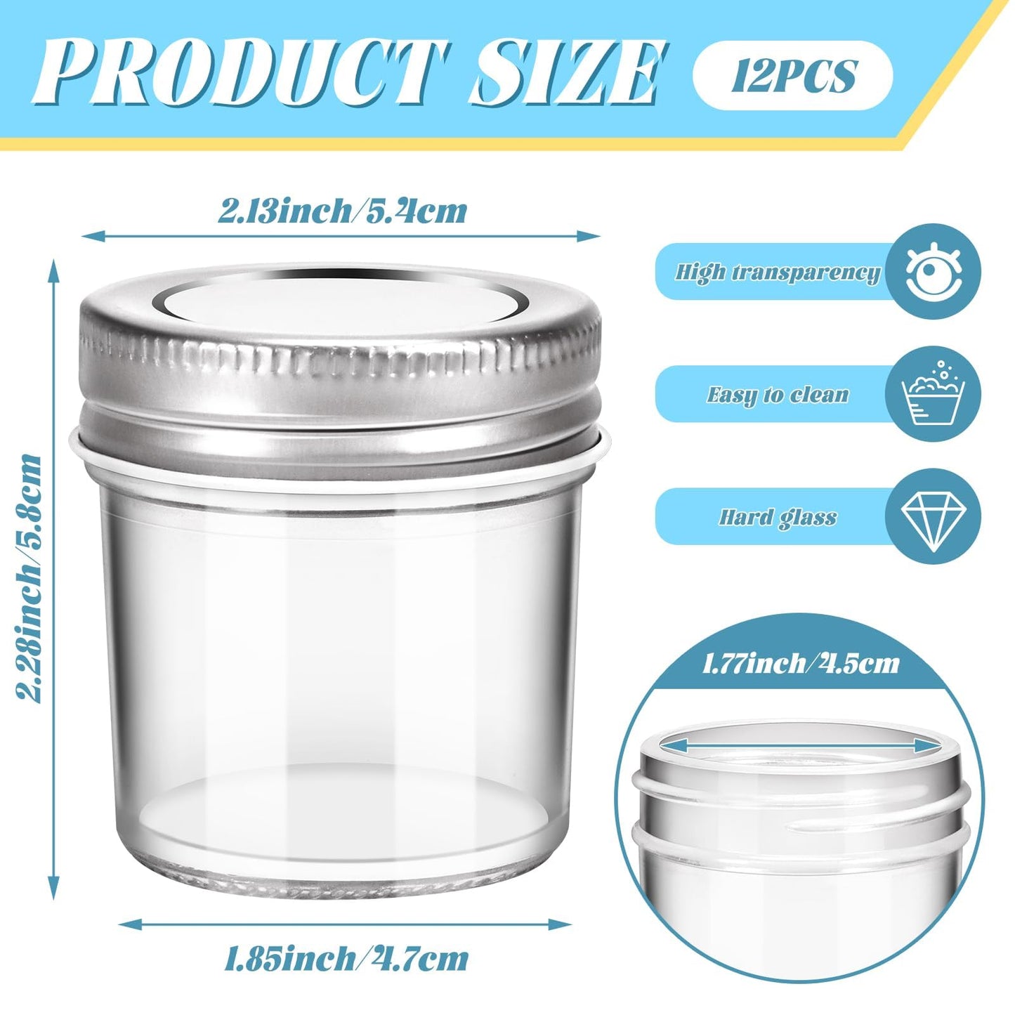 CZWESTC 2 oz Mini Marson Jar - Set of 12, Small Glass Jars with Leak-Proof Sliver Lids, Round Little Canning Jars for Storing Jam, Honey, Spice, Candle, Candy 2oz, 12pcs