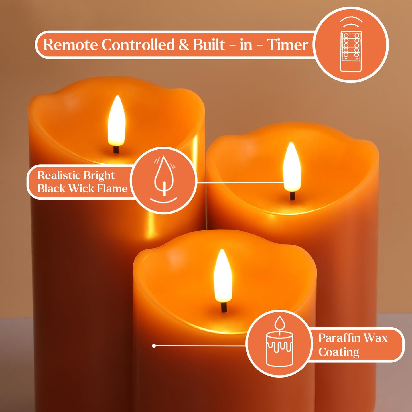 Girimax Burnt Orange Flameless Pillar Candles with Remote, LED Wax Candles Flickering Table Centerpiece Decor Set of 3