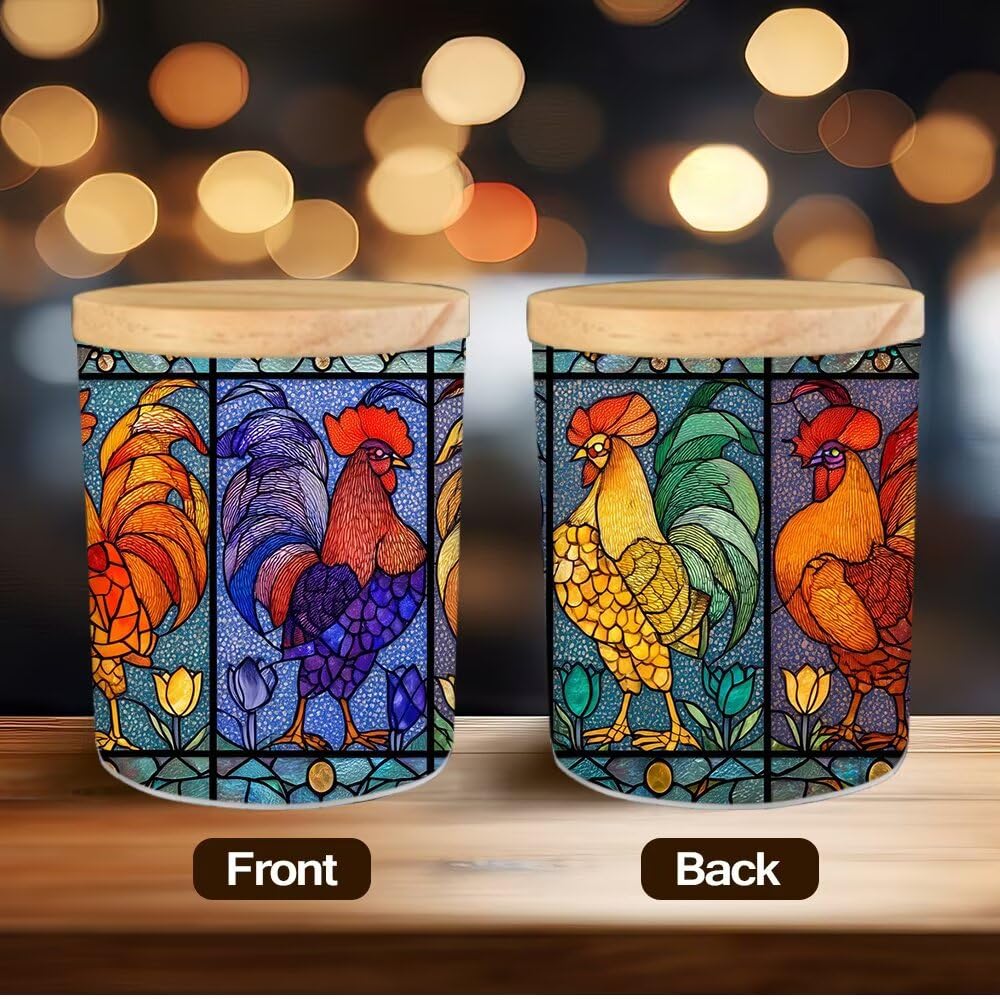 Stained Glass Roosters Tea Light Candle Holders, Country Chicken Tealight Candle Holder Jar with Wooden Lid, Farm Style Votive Candlesticks for Table Centerpieces,Christmas,Birthday Party