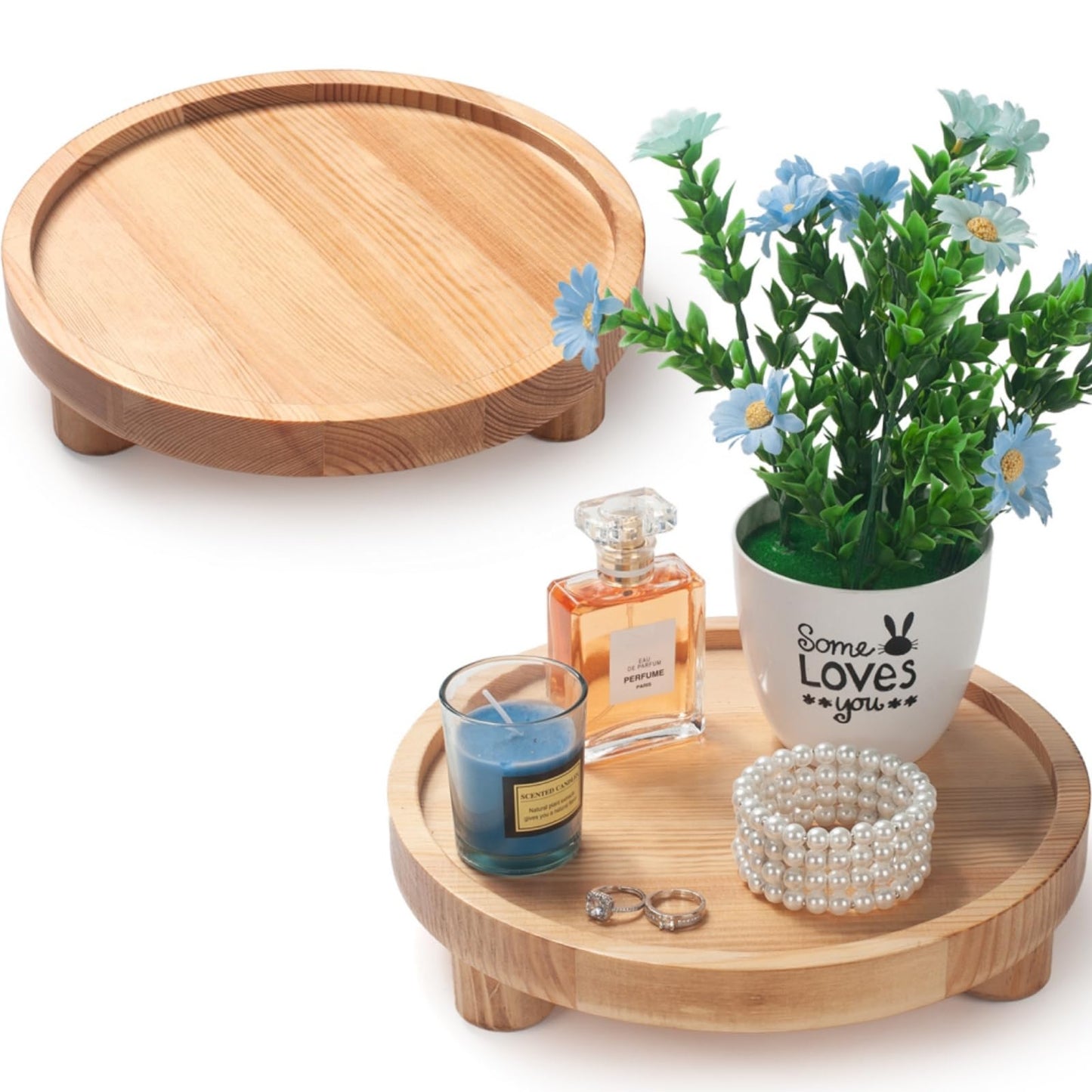 DEAMACE 2 Pcs Wood Riser for Display, Round Wooden Tray Decor, Farmhouse Pedestal Stand, Decorative Riser Tray for Kitchen or Bathroom Counter, Natural