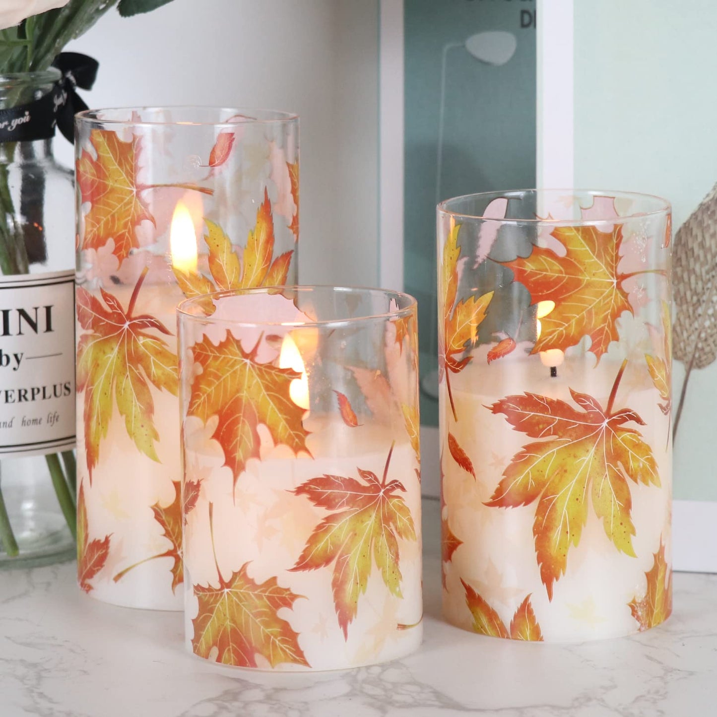 GenSwin Glass Maple Leaf Flameless Candles with Remote Timers, Battery Operated LED Flickering Candles, Real Wax Pillar Candles Christmas Wedding Decoration