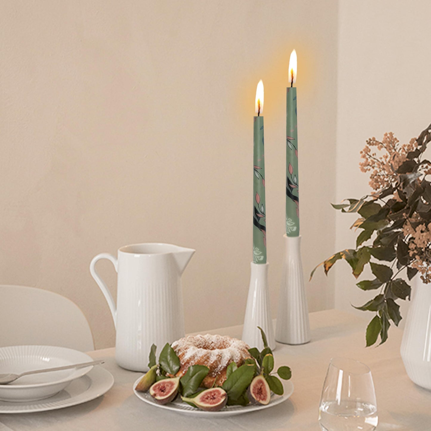10 Inch Taper Candles Leaf Print Candle Sticks Handmade Set of 2 Unscented Long Candle Smokeless Tapered Candles for Meditation Wedding Spa(Green)
