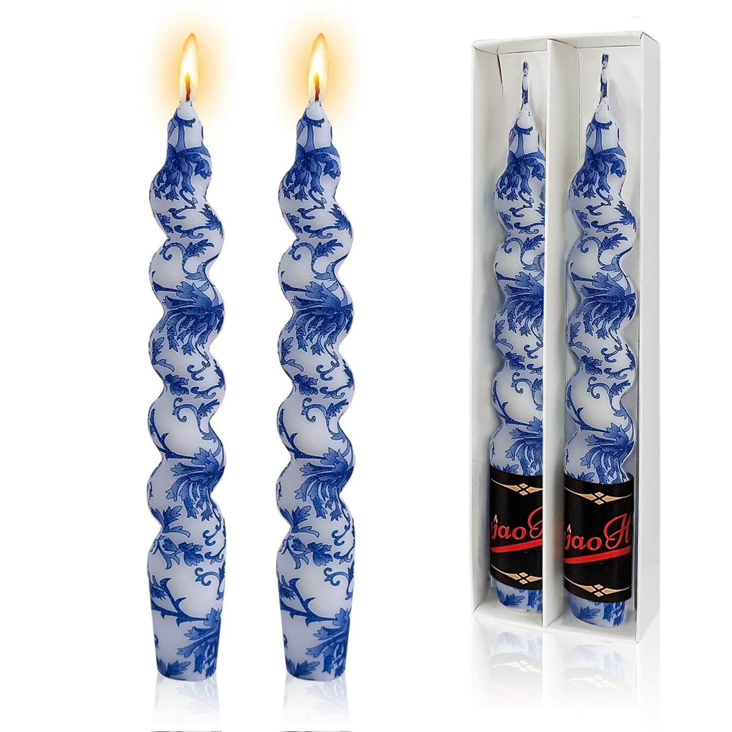 NJAO HOO Floral Taper Candles 7.5 in Spiral Candlesticks Hand Printed Blue and White Candlestick Twisted Taper Candle for Home Garden Decor 2 Pack