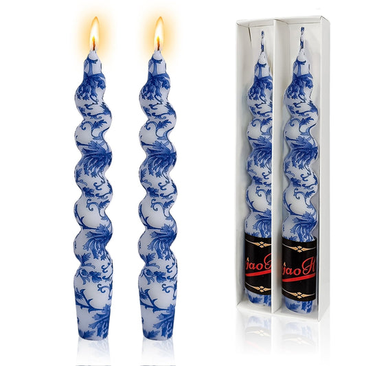 NJAO HOO Floral Taper Candles 7.5 in Spiral Candlesticks Hand Printed Blue and White Candlestick Twisted Taper Candle for Home Garden Decor 2 Pack